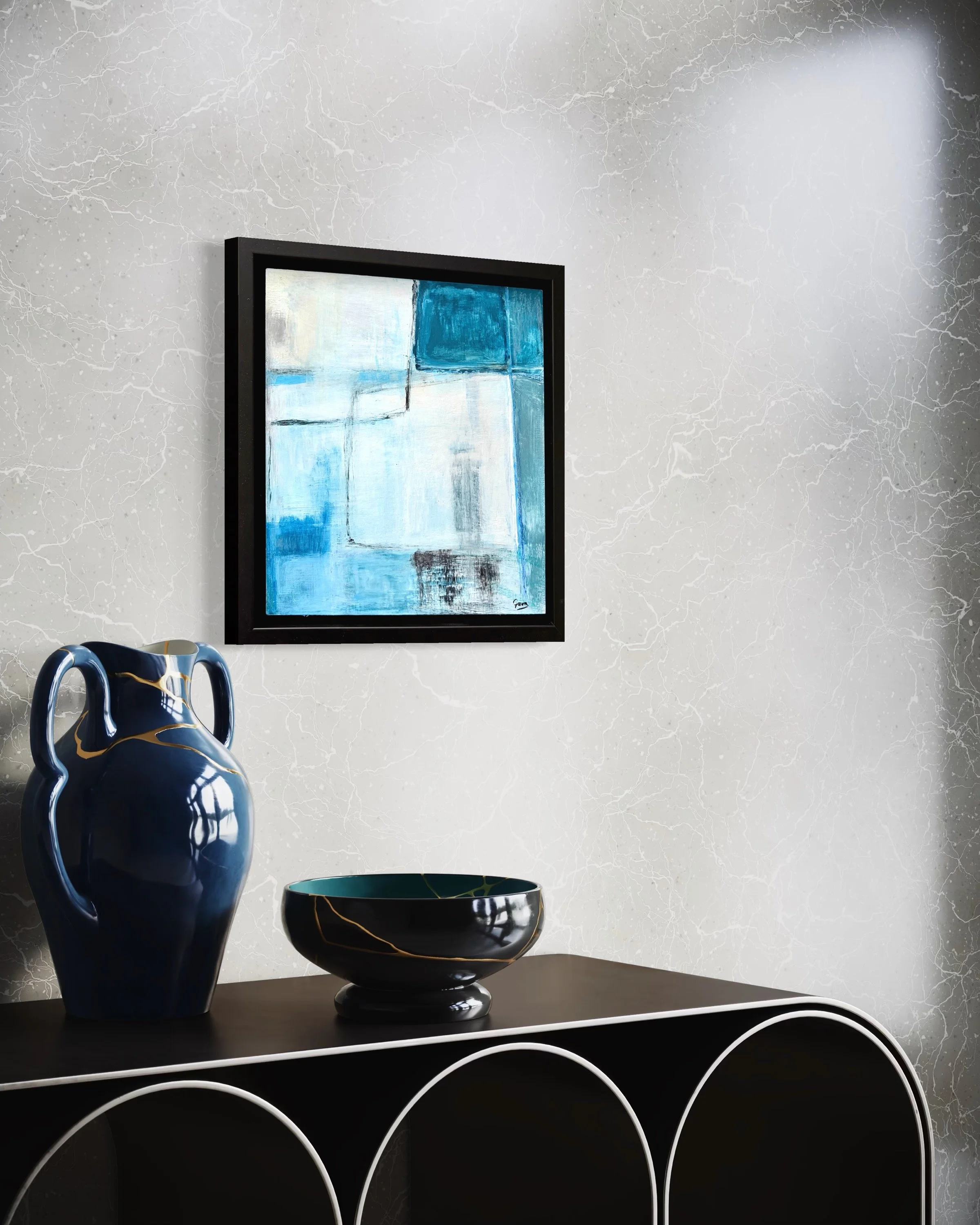 Blue Vector by Gera Dunachie displayed in a contemporary interior, framed on a light wall above dark furniture