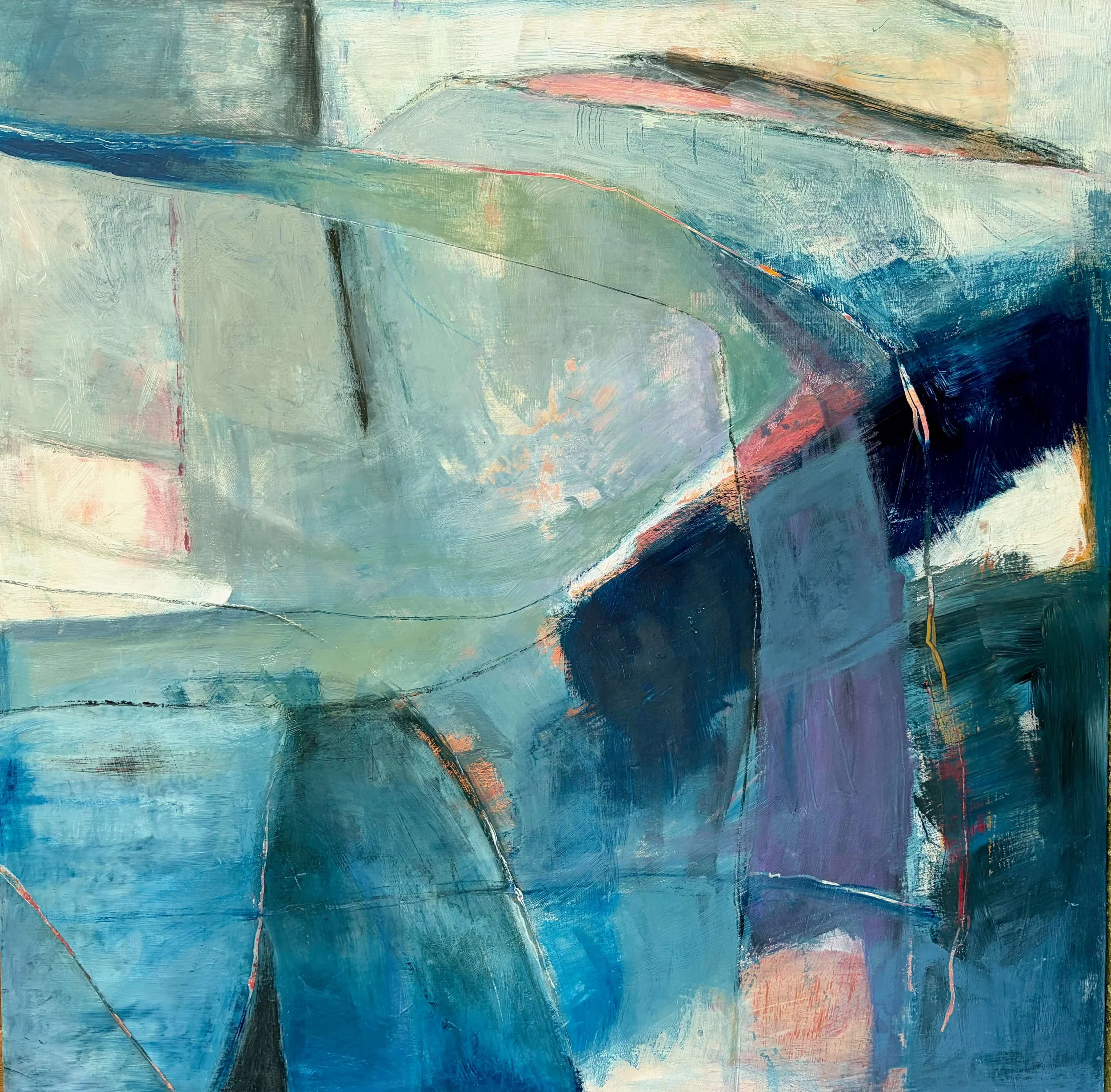 large square geeometric abstract by gera dunachie using predominately cold palette of blues, sage green and black