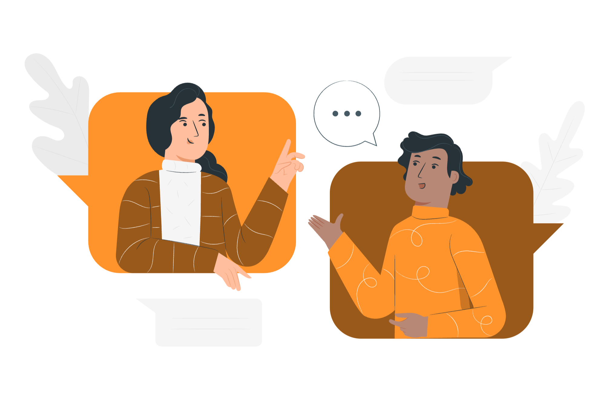 Two women engaged in conversation, sitting at a table with speech bubbles above their heads. One woman has dark hair, a white turtleneck, and a brown sweater. The other woman has gray hair, an orange sweater, and is gesturing with her hand. White decorative leaves are in the background.