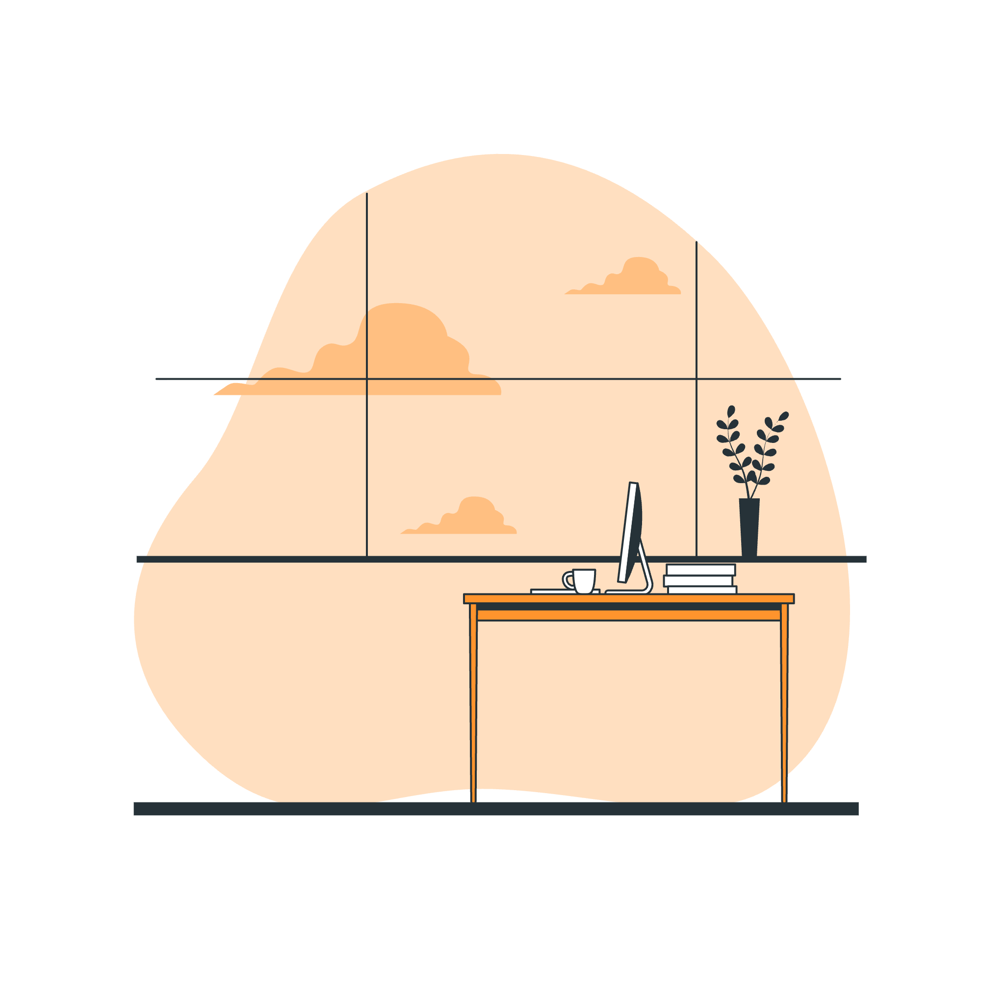 A drawing of a mountain with a rounded peak, clouds and plants, viewed from inside a room with a window, a desk with a cup, books, and a computer.