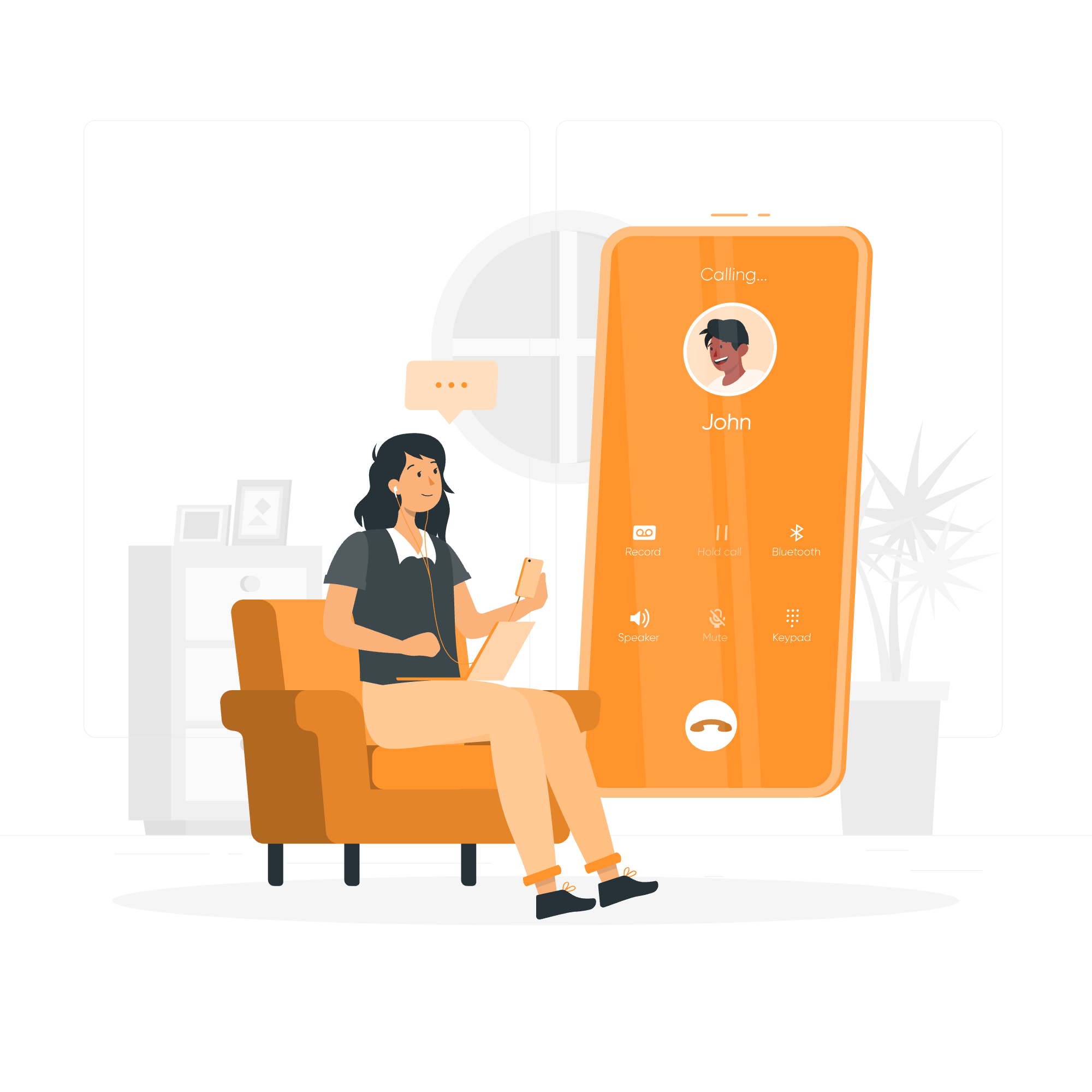 A person sitting on an orange chair using a smartphone, with a large orange smartphone screen floating beside them showing call options.