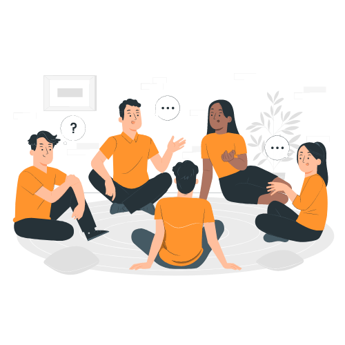 A diverse group of five people sitting in a circle indoors, engaged in a conversation with speech bubbles, some with question marks and ellipses.