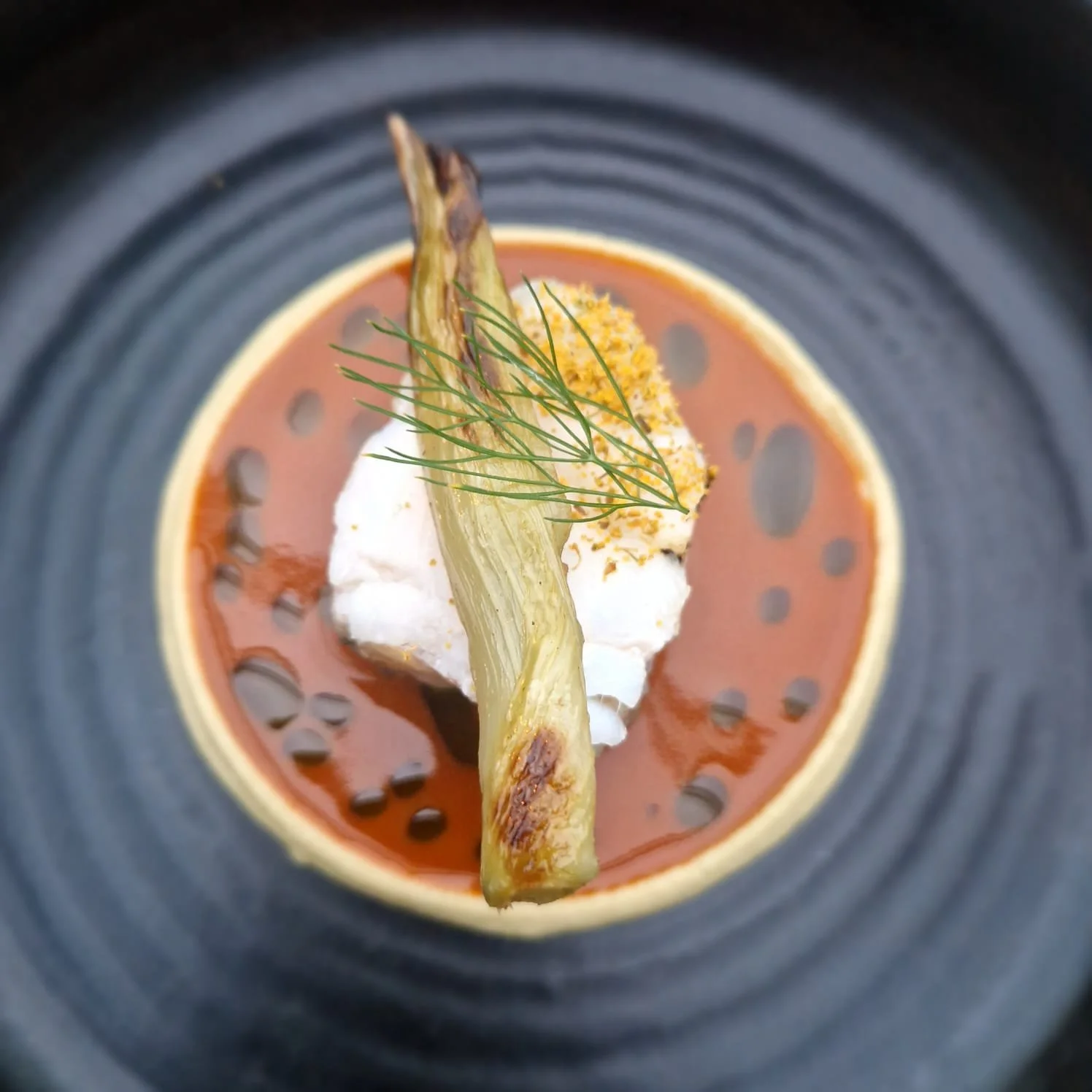 Close-up of a gourmet dish with a roasted green stalk, dollops of white foam, yellow crumble, green herbs, served in a bowl with reddish soup or sauce.