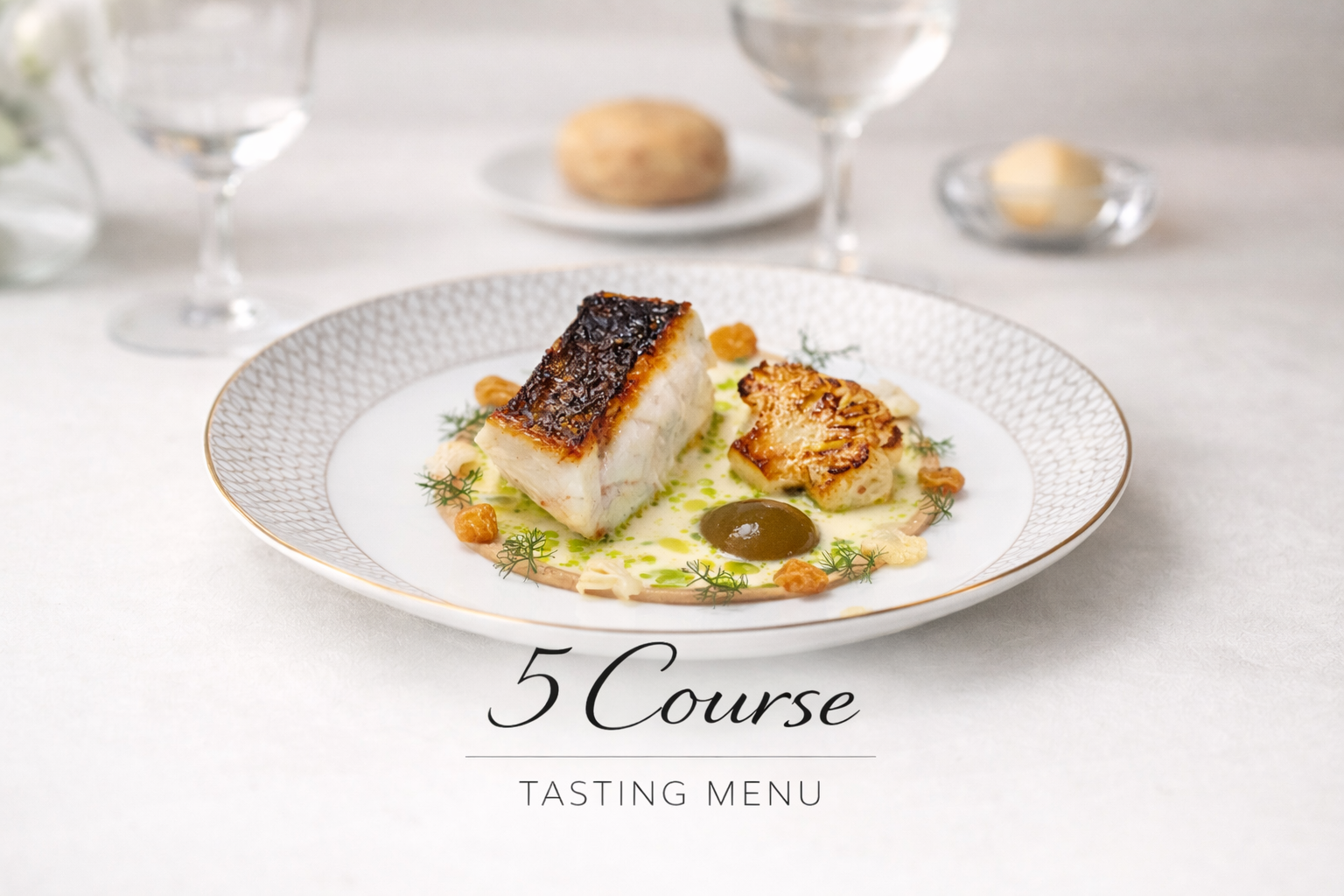 a fish course of pan fried stone bass, with a circle of cauliflower puree, a caramelised cauliflower floret, brown caper and raisin puree, a fish white wine sauce and dill oil, on a Wedgwood gin plate, image state 5 course set menu for private dining