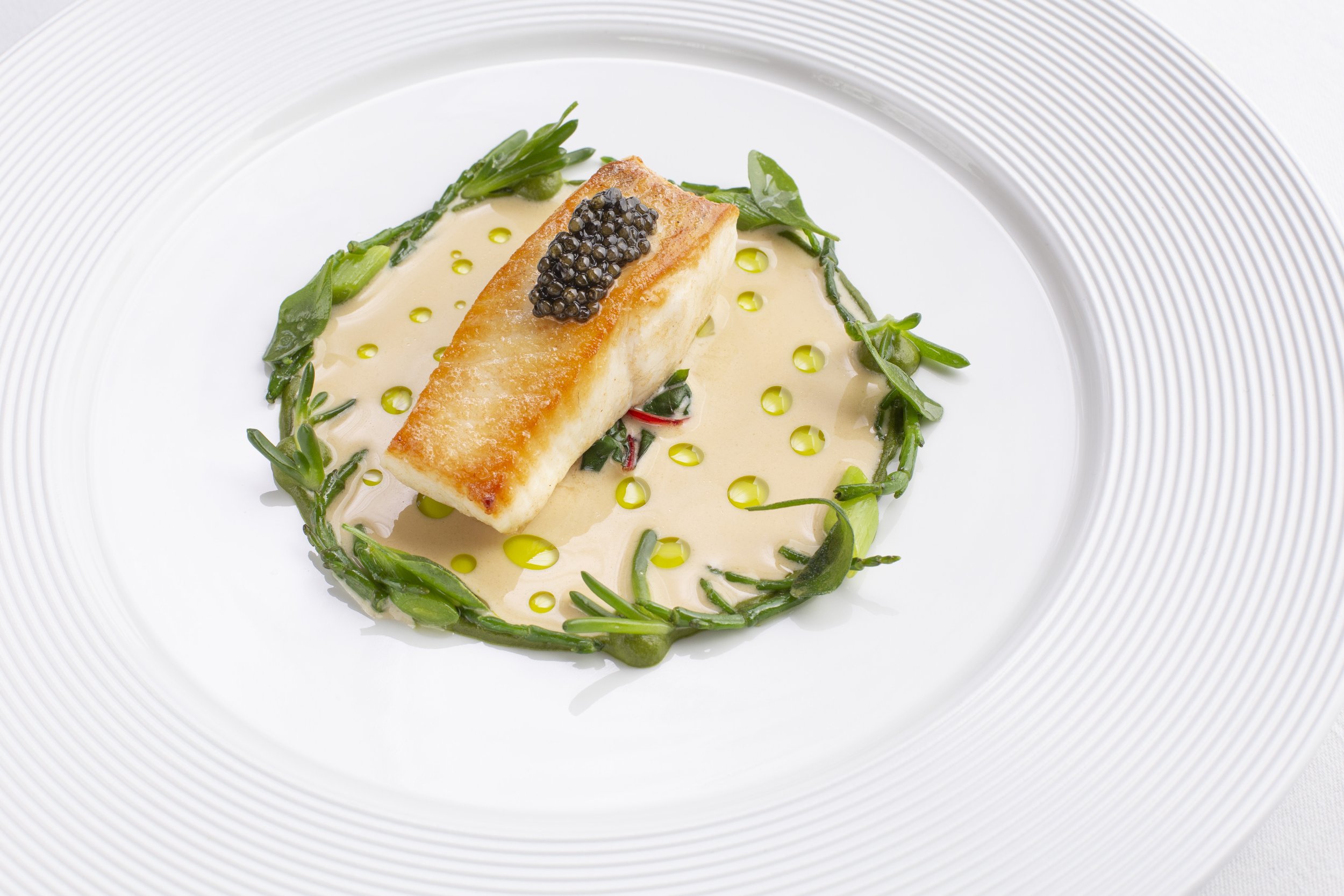 Seared fish fillet garnished with black caviar, surrounded by a green herb and oil sauce on a white plate