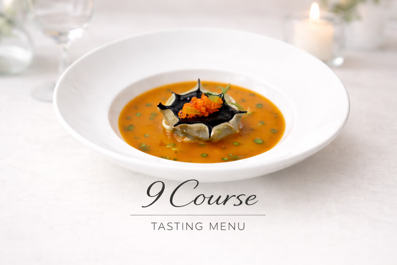 An elegant starter of a dual coloured pasta ravioli, crab filled mousse, trout roe on top, surrounded by a bright orange crab bisque. on a Wedgwood pasta bowl , image state 9 course set menu for private dining tasting