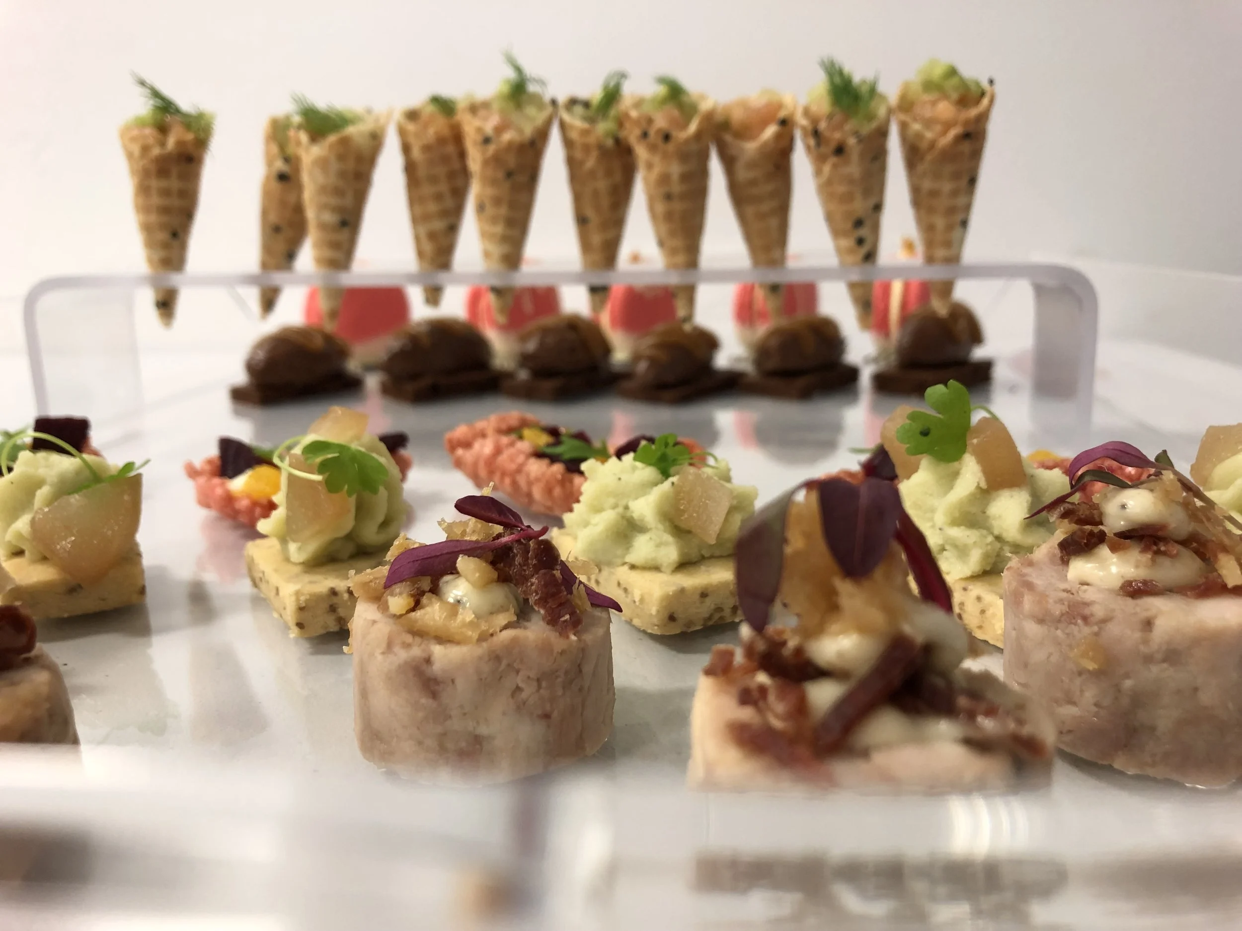 Assorted mini hors d'oeuvres including bite-sized canapes topped with vegetables, herbs, and garnishes, displayed on a clear tray with a row of cone-shaped appetizers on the top tier and small round and rectangular bites on the lower section.