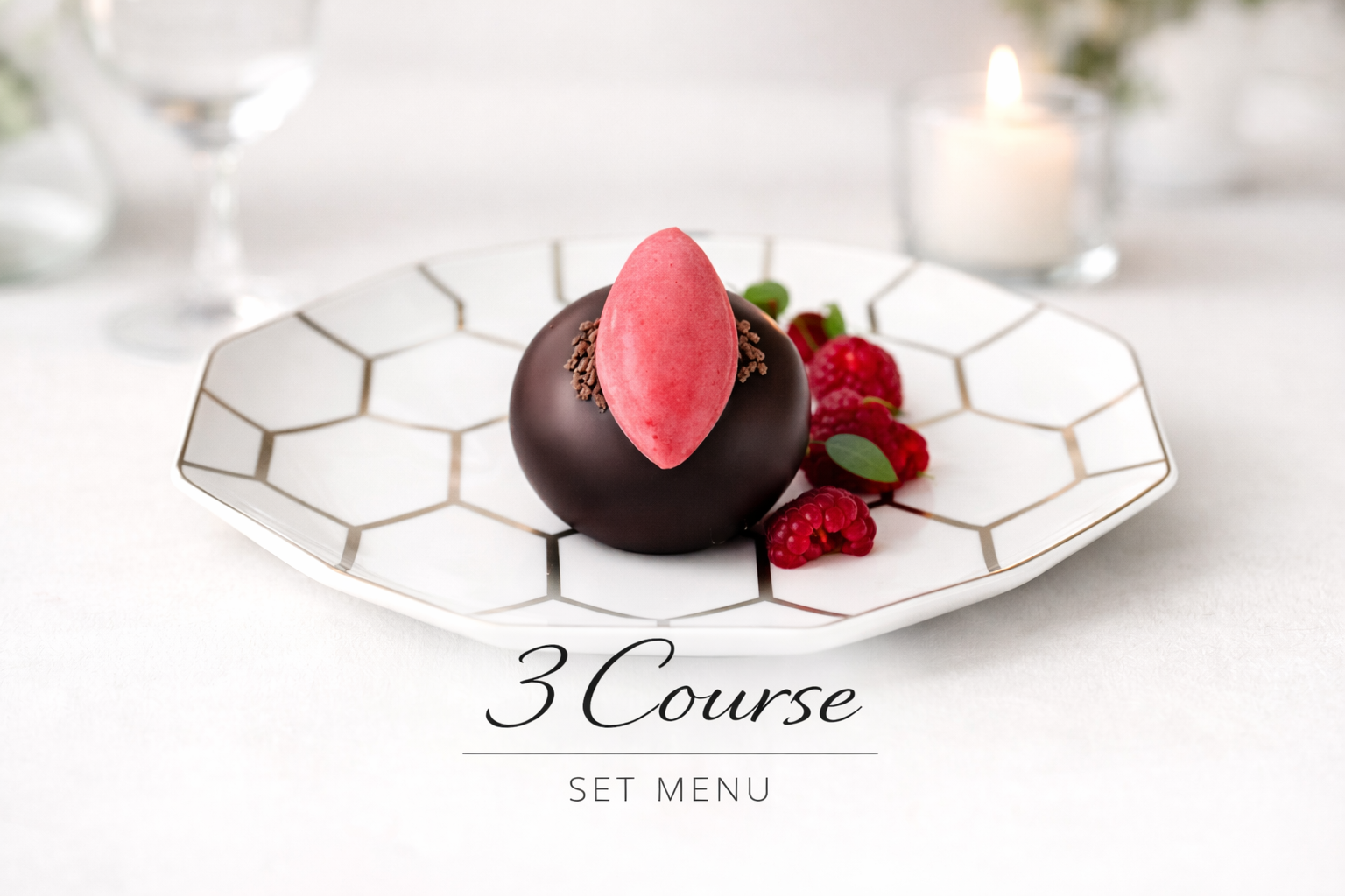 A chocolate dessert with a raspberry gel, macerated raspberries, chocolate soil and a raspberry sorbet. on a Wedgwood hex platinum plate, image state 3 course set menu for private dining