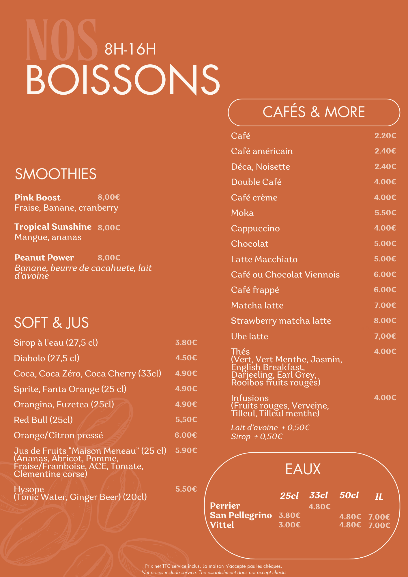Menu de boissons avec horaires, catégories, et prix, comprenant cafés, smoothies, soft & jus, eaux, et infusions, sur fond orange avec illustration de grains de café.