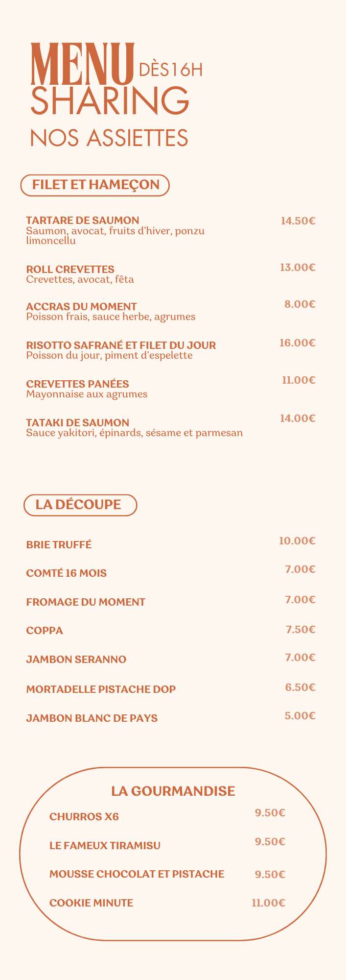 Menu de restaurant affichant des plats de sushis, sashimis, et autres spécialités japonaises, avec différentes sections et prix en euros.