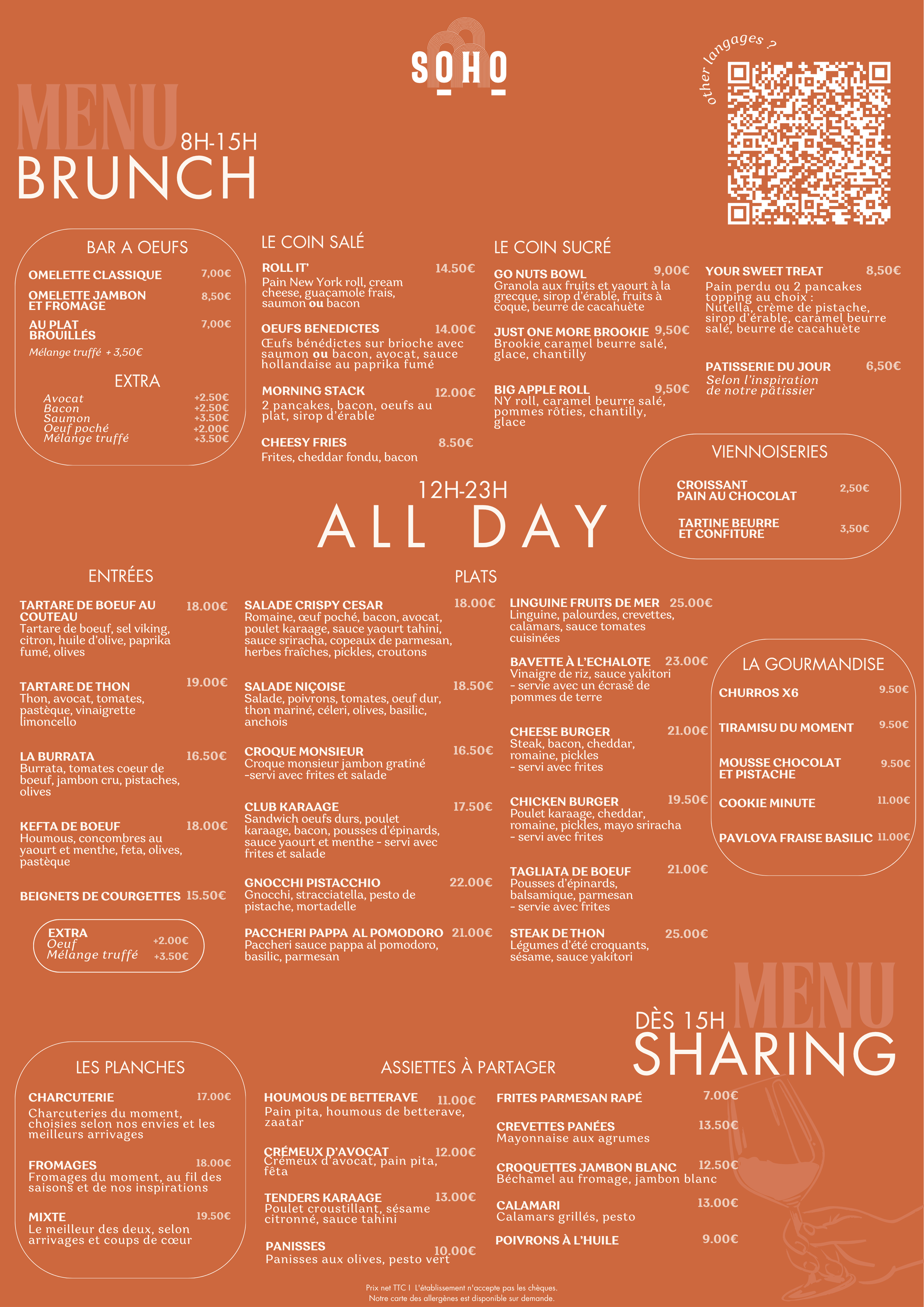 Menu petit-déjeuner, brunch, déjeuner et tapas du restaurant soho à nice