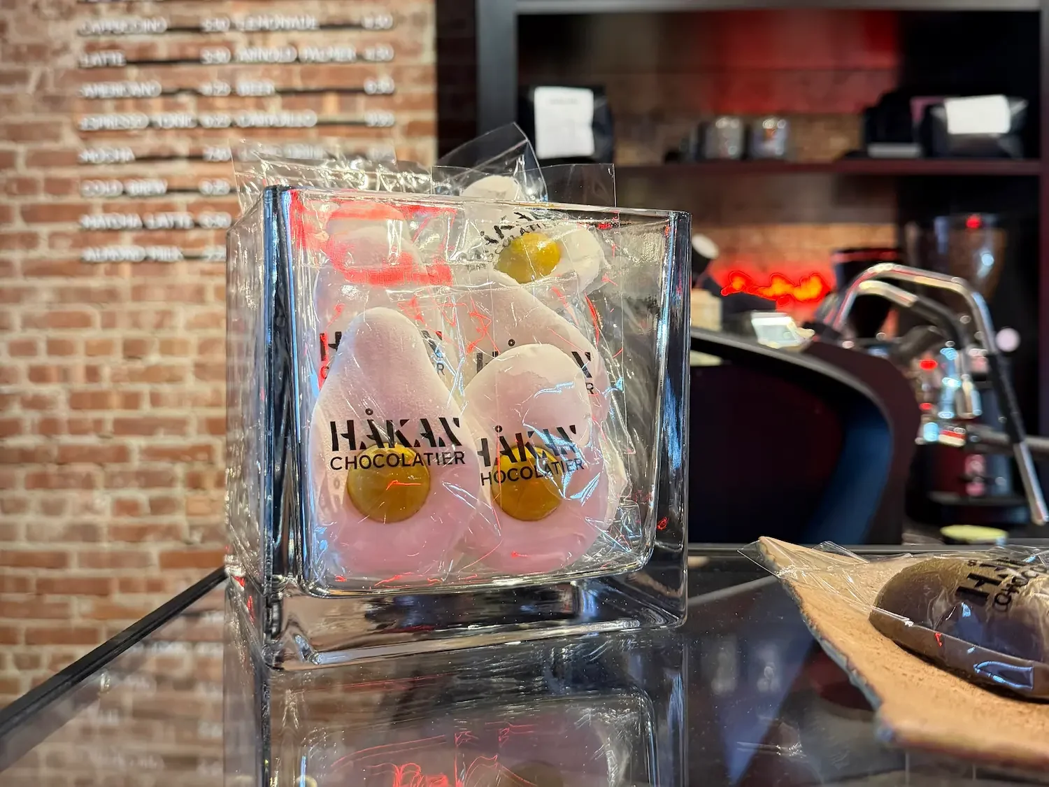 chocolates looking like sunny side up eggs in a chocolate store