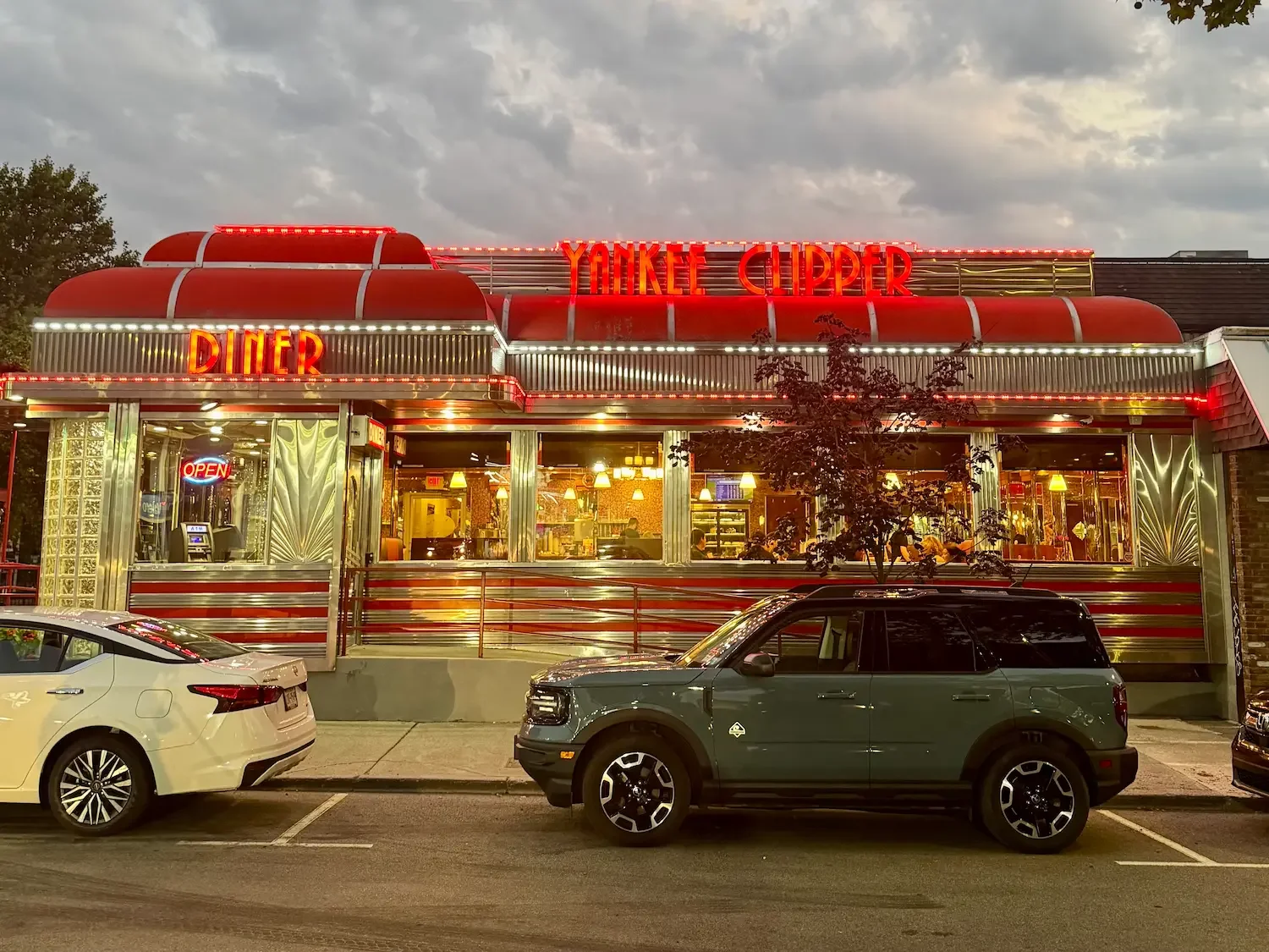An exterior view of a classic American-style diner called the Yankee Clipper