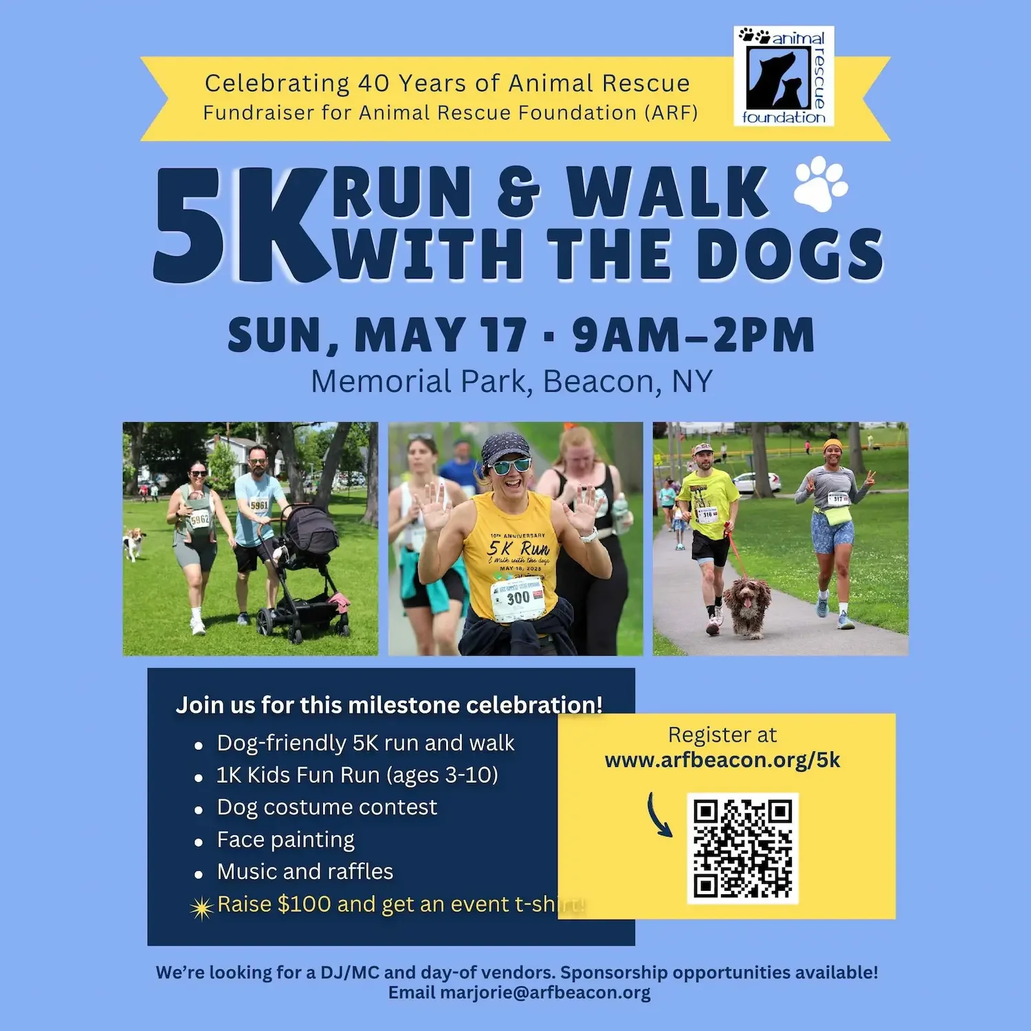 A blue flyer promoting the ARF Beacon 5K run with dogs