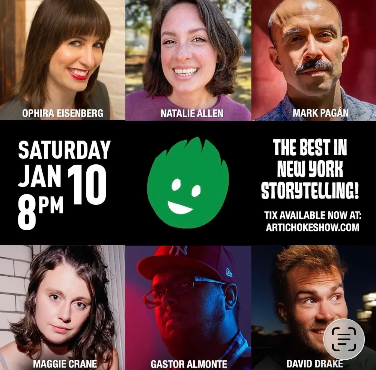 a promo flyer for the artichoke storytelling series with a photo of each performer and text.