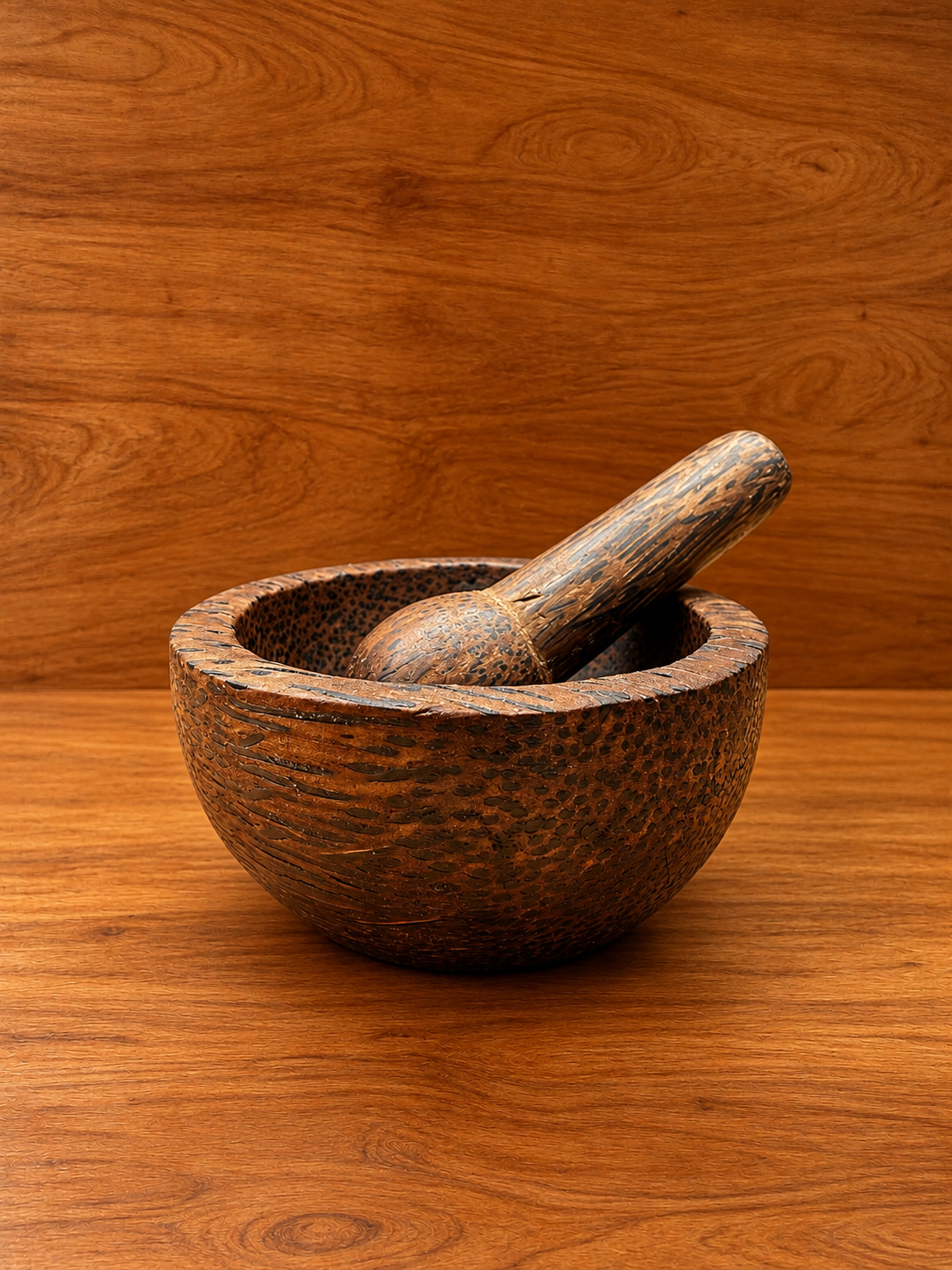 vintage wood mortar and pestle