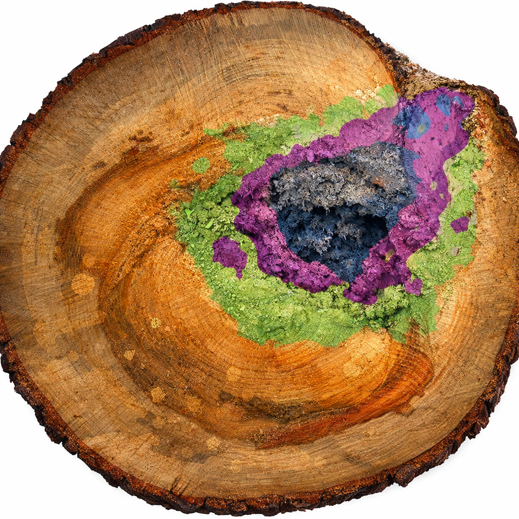 Cross-section of a tree trunk with coloured lichen or mould in green, purple, and black growths.