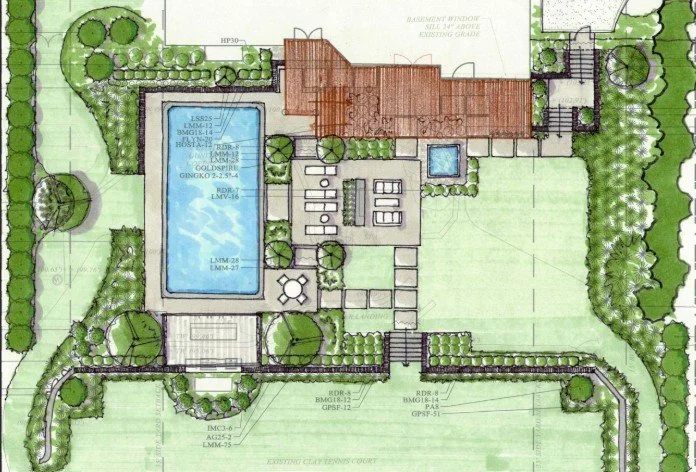 A landscape design plan showing a backyard with a swimming pool, poolside lounge chairs, a dining area, and landscaped greenery surrounding the space.