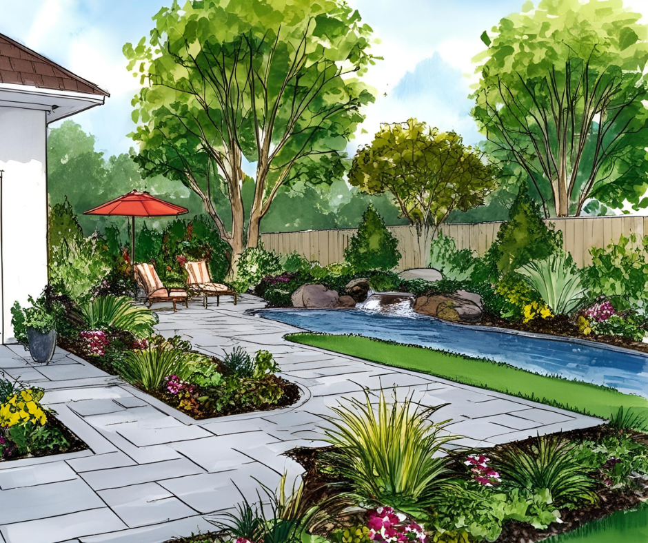 Waterfront backyard with a stone patio, lush green trees, garden beds with colorful flowers, a swimming pool, and outdoor lounge chairs with a red umbrella.