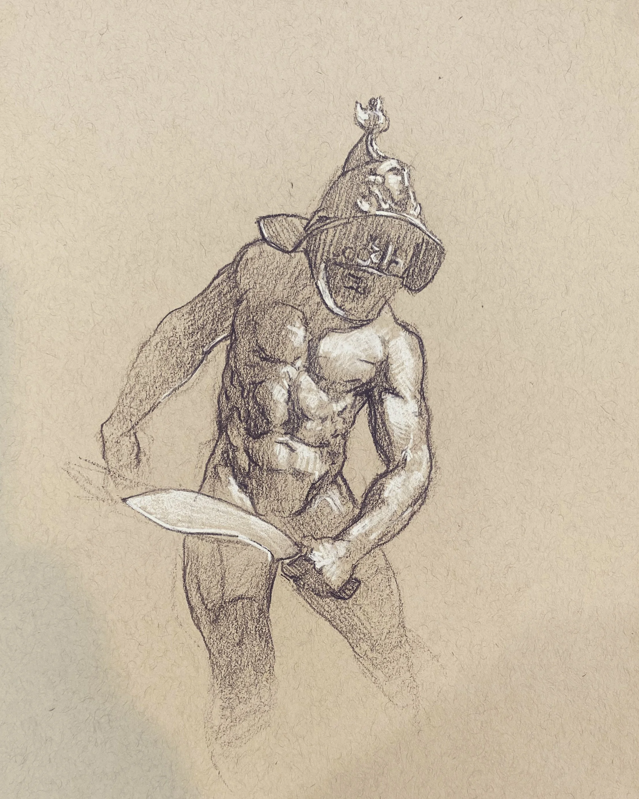 Myrmidon, sepia pencil and chalk on paper, 9" x 12"
