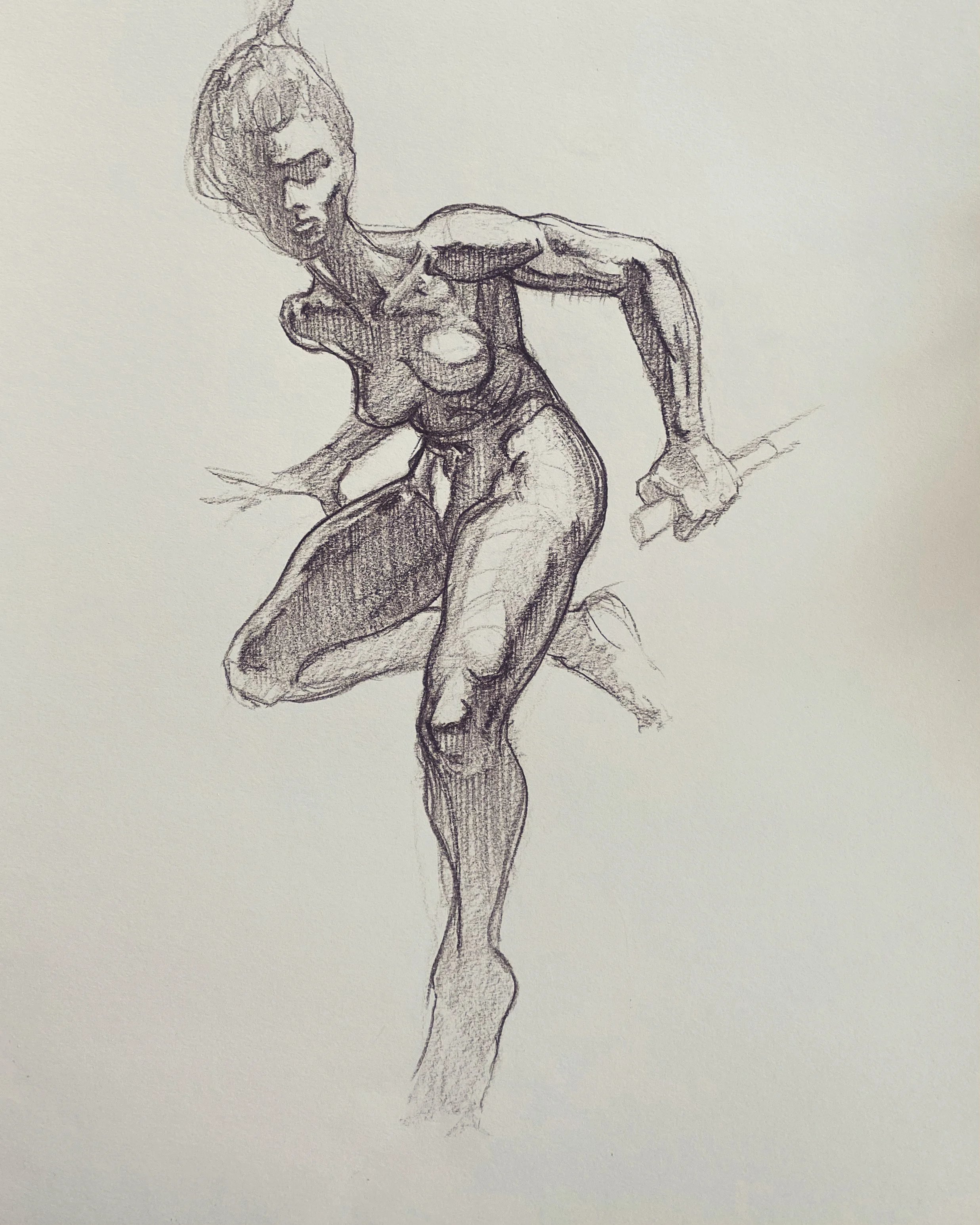 Sister of Artemis study, sepia pencil on paper, 14" x 17"