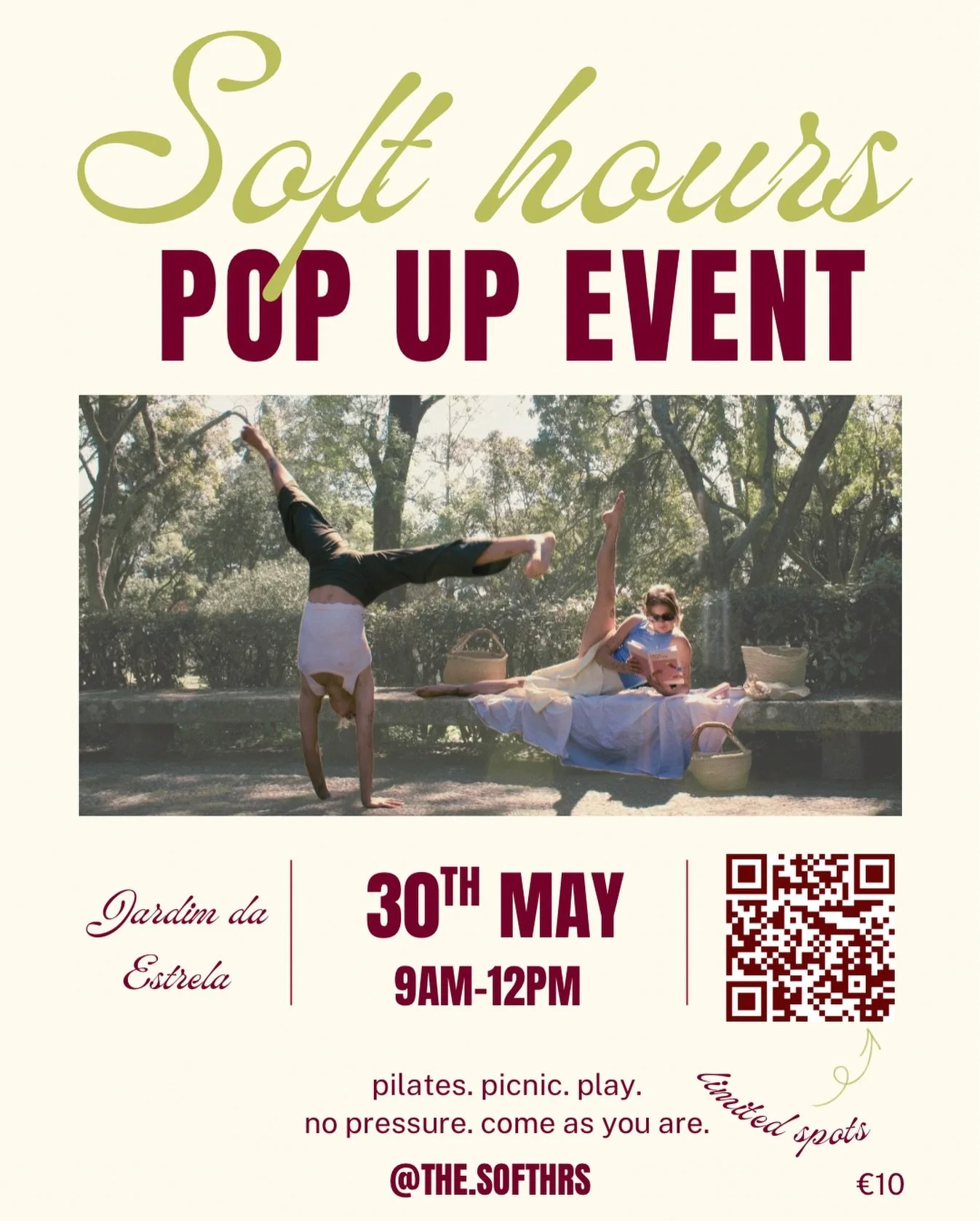 Lisbon girls, this one&rsquo;s for you✨

we&rsquo;re bringing Soft Hours to the park&hellip;
a playful morning of movement, connection &amp; sunshine

a joint class led by Lottie &amp; Wendy ~ starting with pilates, flowing into yoga, and finishing w