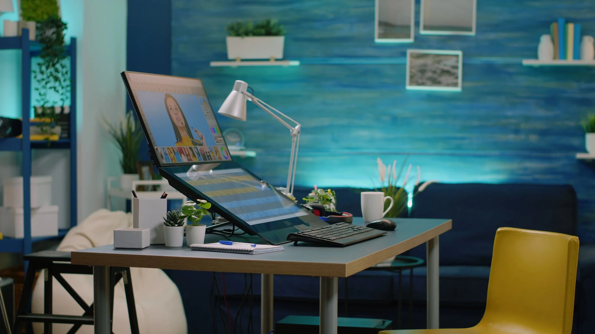 A modern workspace with a large monitor displaying photo editing software, a keyboard, mouse, plant pots, white cup, notepad, and pens on a desk. In the background, there is a blue textured wall with framed pictures, a white shelf with books and decorative items, and a yellow chair.