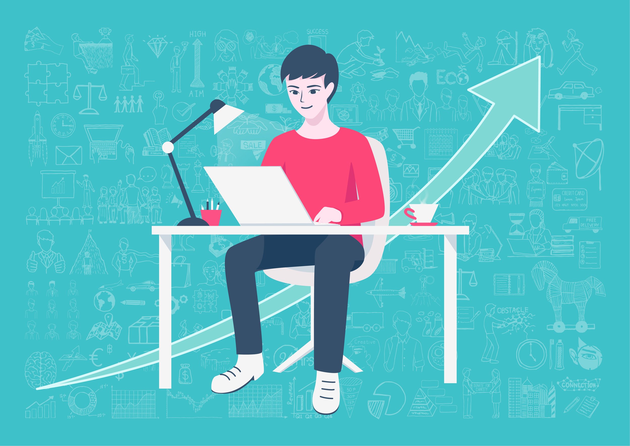 A person sitting at a desk with a laptop, holding a tablet. Behind them is a large arrow pointing upward, indicating growth or progress, with various business and growth-related illustrations in the background.