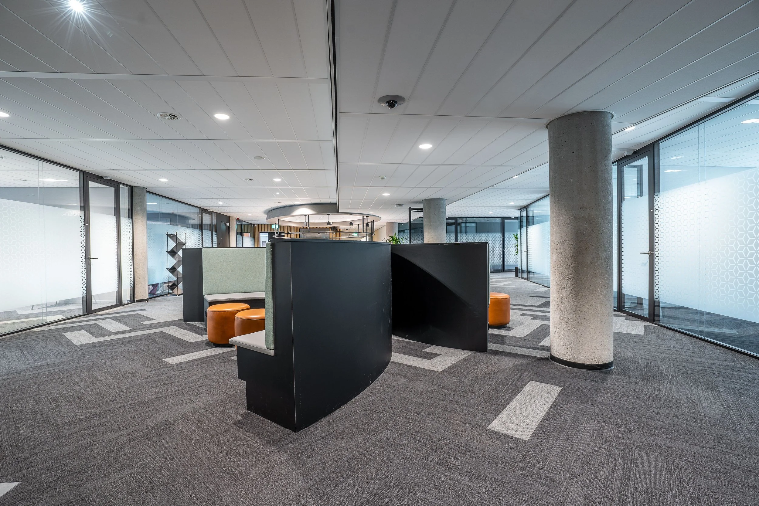 Modern office with glass-walled meeting rooms, black chairs, wooden tables, potted plants, and a seating area with two armchairs and a small round table.