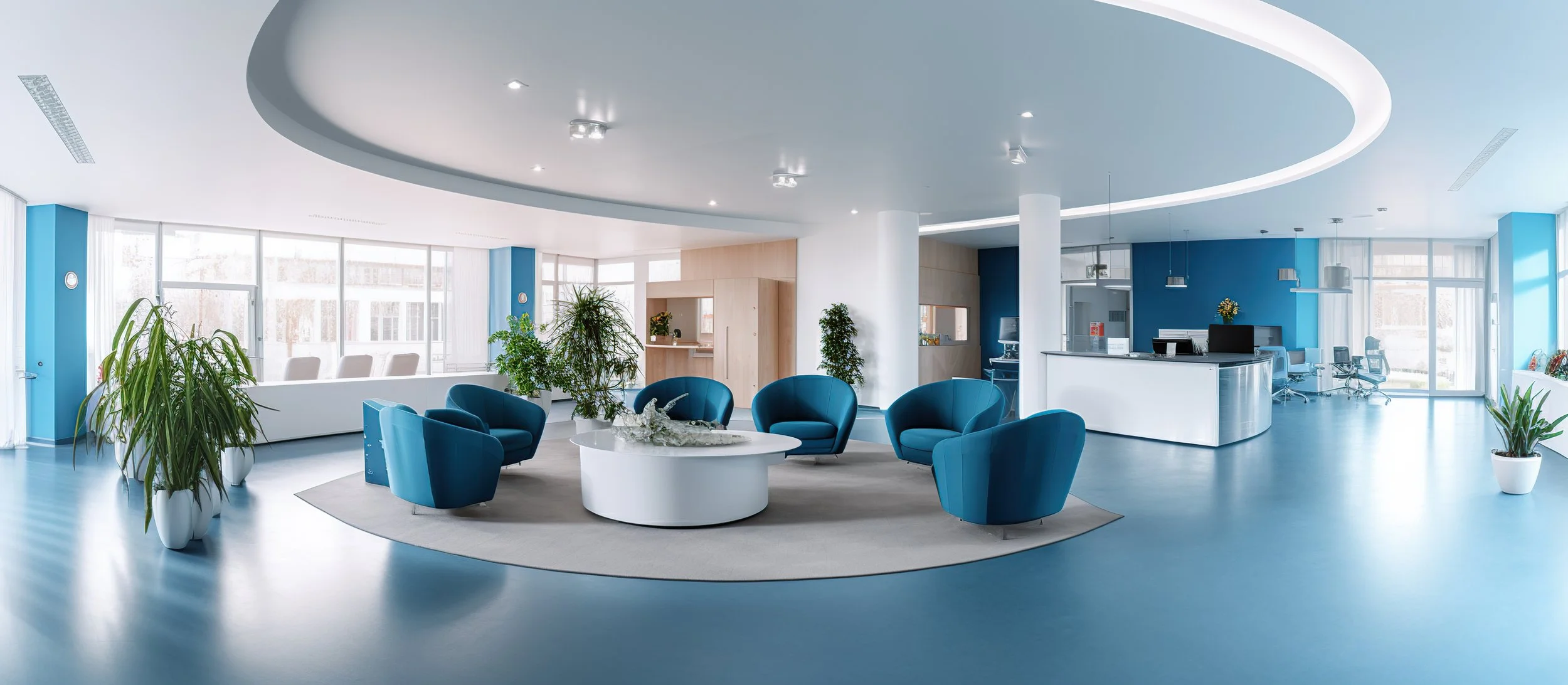 Modern office lobby with blue chairs, green plants, large windows, and a reception desk.