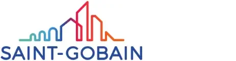 Logo de la société Saint-Gobain, représentant une ligne stylisée de bâtiments ou de structures sur fond noir, avec des couleurs du bleu au rouge.
