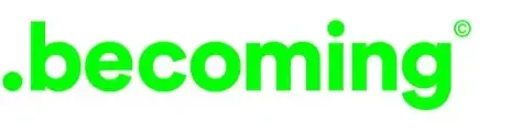 Texte vert vif affichant '.becoming' avec un symbole de copyright.