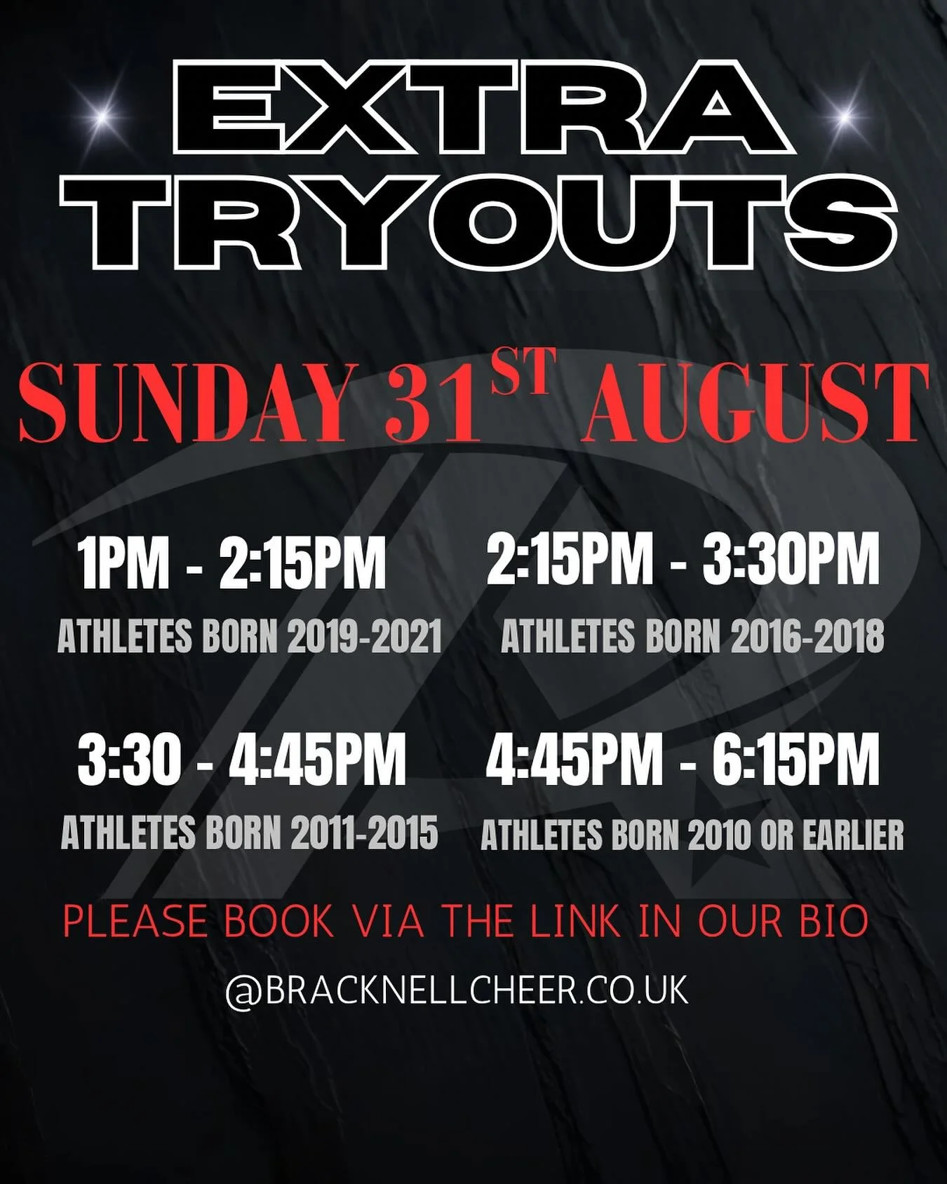 ✨TRYOUTS AUGUST 31ST 2025✨

Missed our first round of tryouts? Or changed your mind and want to give cheer a go&hellip;. 

Come along to our second round of tryouts on the31st August! 

📍These will be held at bucklers park &ldquo;The Hub&rdquo; 

We