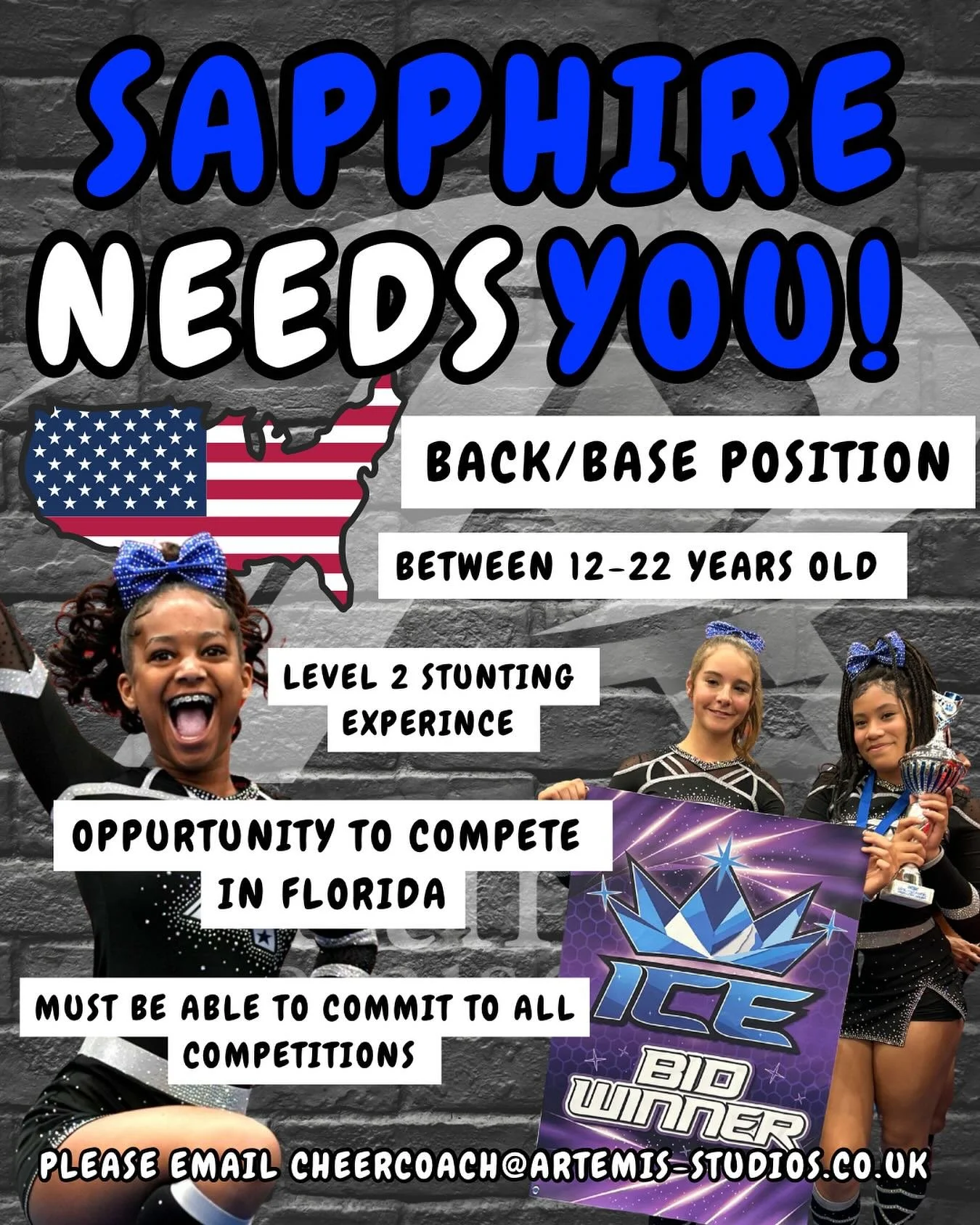 Want co compete in Florida?? 

Our senior 2.1 team Sapphire are looking for a base or backspot to join them this season at all uk comps as well as competing at the prep rec grand nationals at universal in Florida!! 

Please email cheercoach@artemis-s