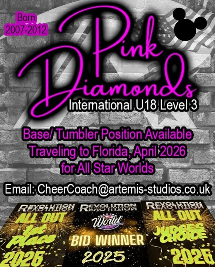 Want to compete in Florida?? 

Our International U18 All Girl Level 3 team, Pink Diamonds 🩷💎are looking for a Level 3 tumbler with basing experience to join them this season at all uk competitions, as well as travelling to Florida to compete at the