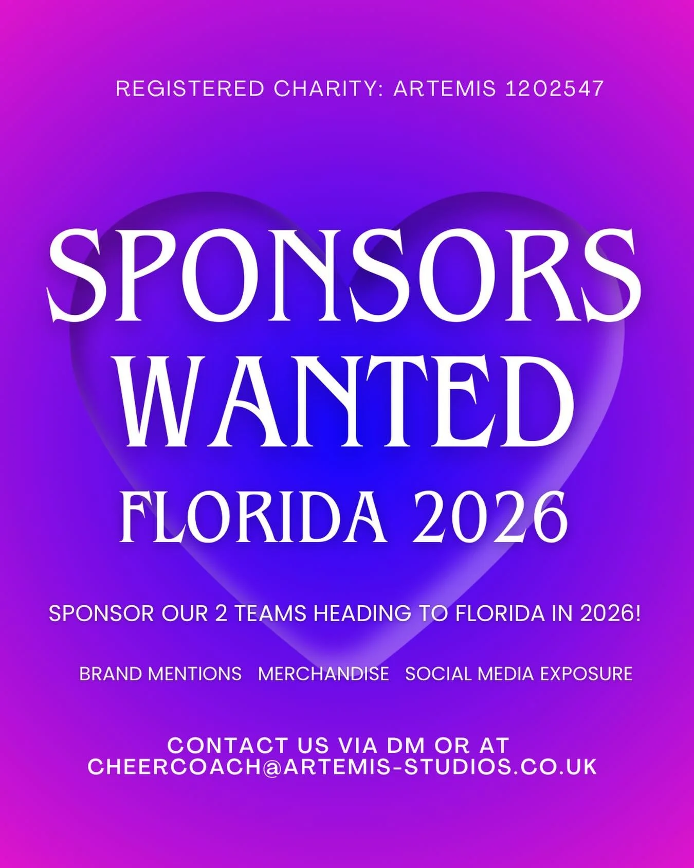 🚨 As our teams are beginning to prepare for our first ever trip to Florida we are looking for sponsors to support both teams! 
If you would like to sponsor Sapphire and Pink diamonds please do get in touch via DM or email 
Cheercoach@artemis-studios