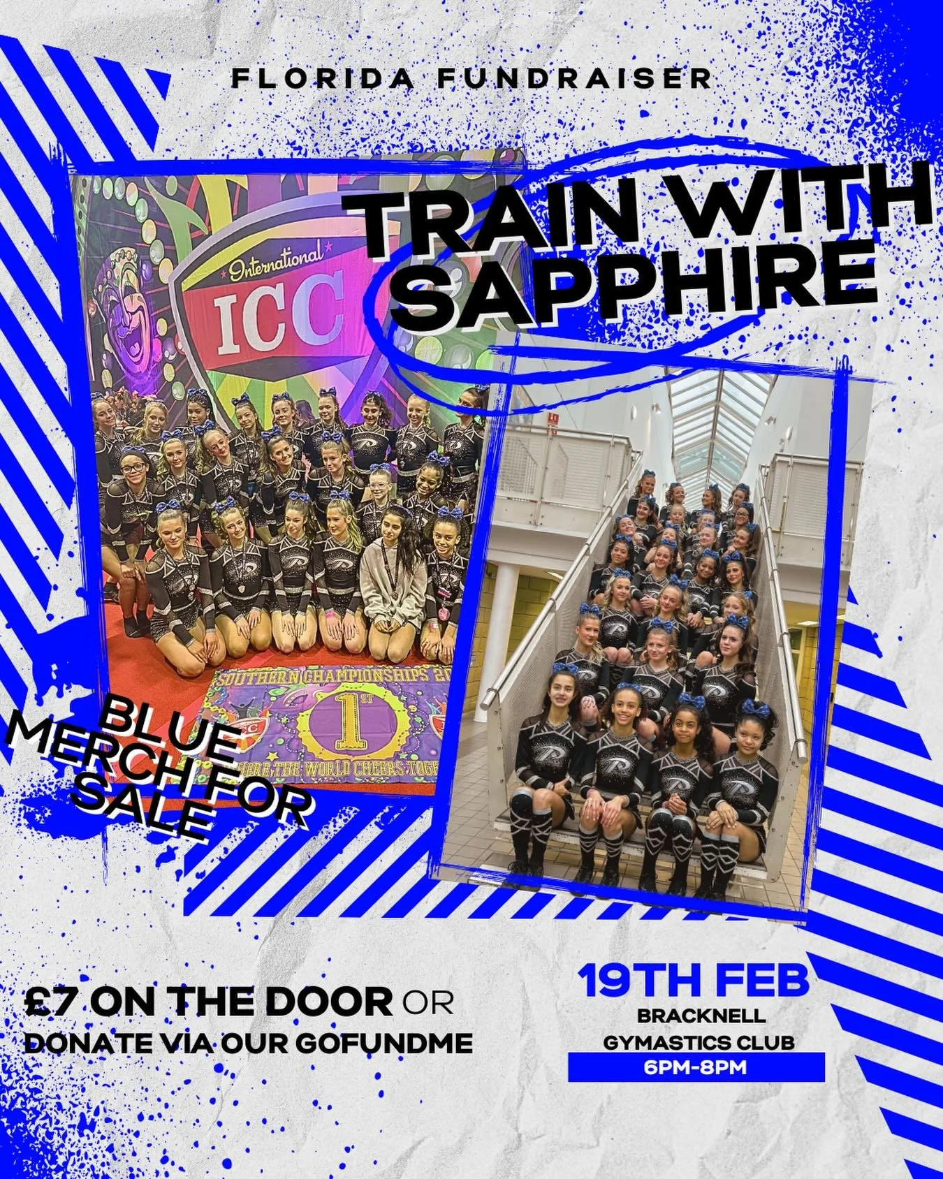 Train with Sapphire!💙 

Help us raise money for our first ever trip to Florida! All money raised will go towards the athletes 🇺🇸 

&pound;7 on the door or donate via our gofundme ⬇️
https://gofund.me/ec5c06959 

We can&rsquo;t wait to see you ther