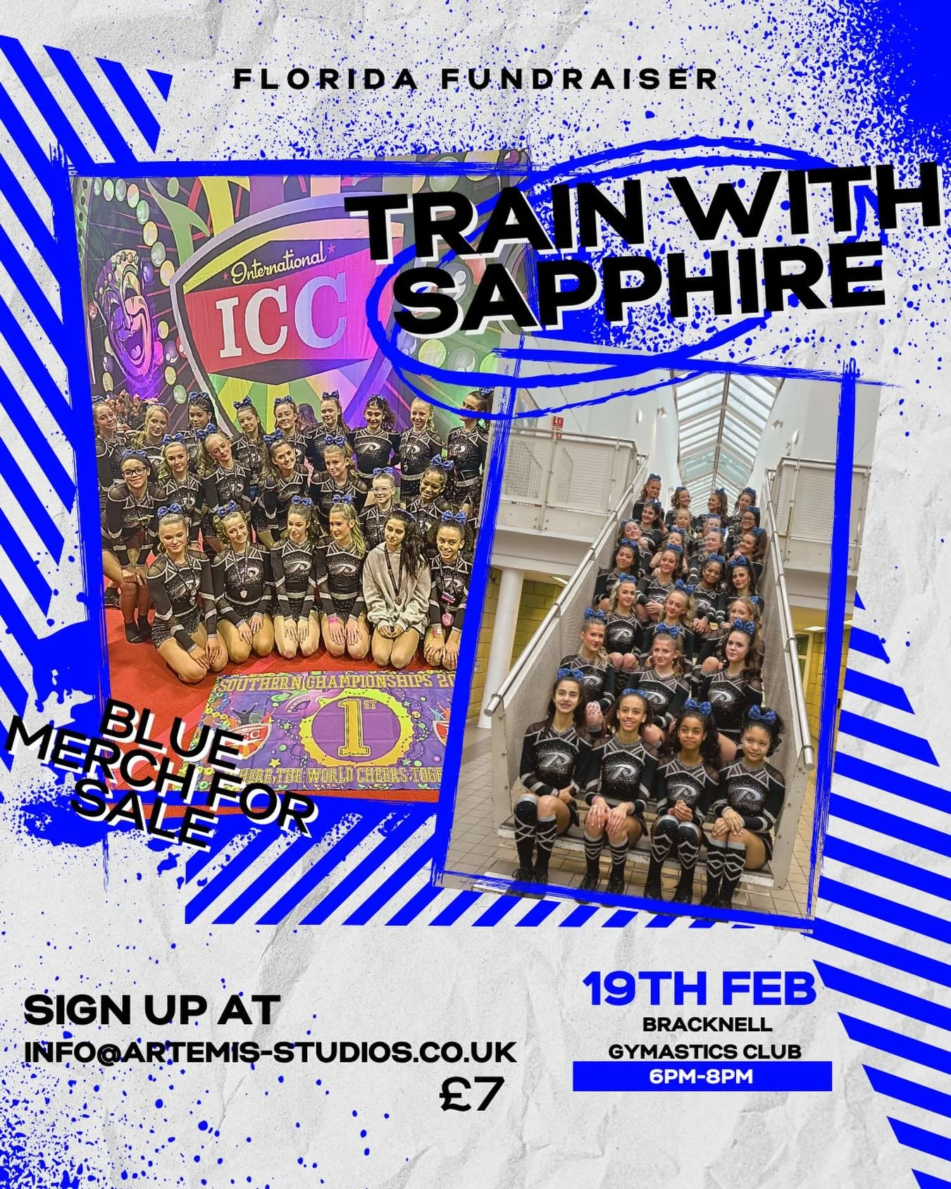 Train with Sapphire!💙 

Help us raise money for our first ever trip to Florida! All money raised will go towards the athletes 🇺🇸 

&pound;7 sign up via email info@Artemis-studios.co.uk

We can&rsquo;t wait to see you there💙

#cheerleading #fundra