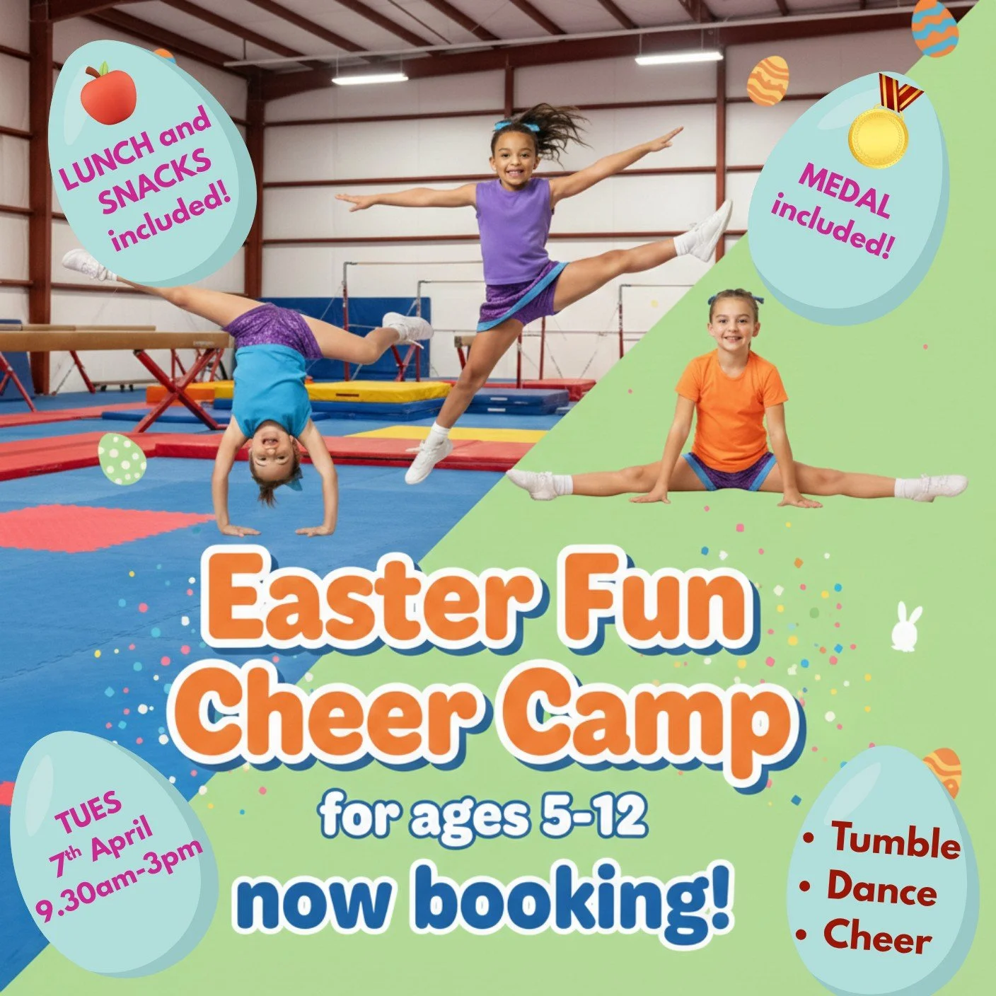 🐣 Need an Easter holiday activity for energetic kids?

Our Fun Cheer Camp is the perfect day of activity, creativity and confidence-building for children aged 5&ndash;12 - includes lunch and a medal! 🥇

During the day they&rsquo;ll try:
⭐ Cheerlead