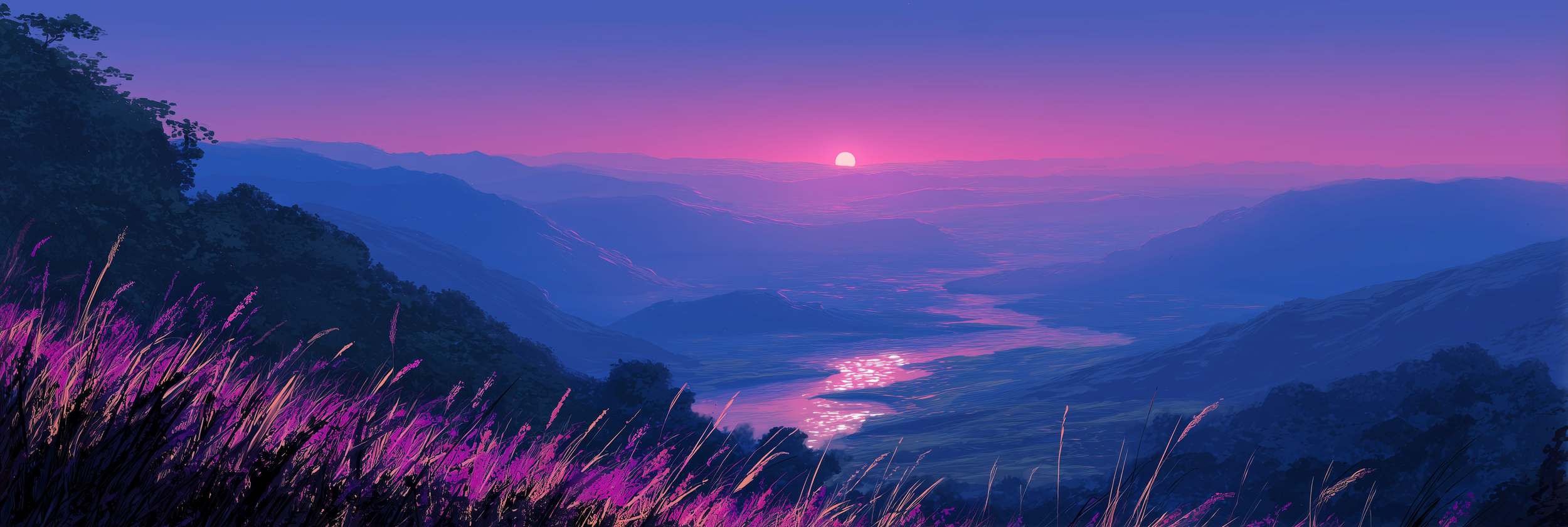 Digital painting of a sunset over a mountain valley with purple and blue hues, wildflowers in the foreground, and a river reflecting the sky's colors.