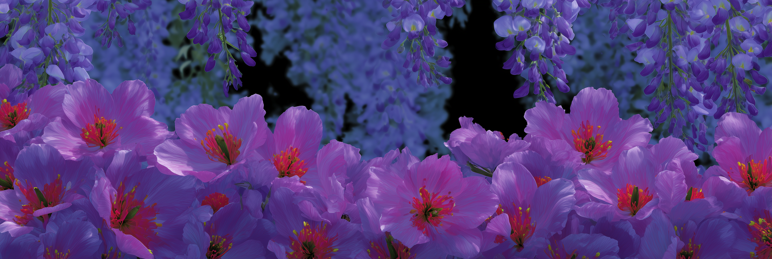 Close-up of pink and purple flowers, including overhanging purple wisteria and pink poppies, with a dark background.