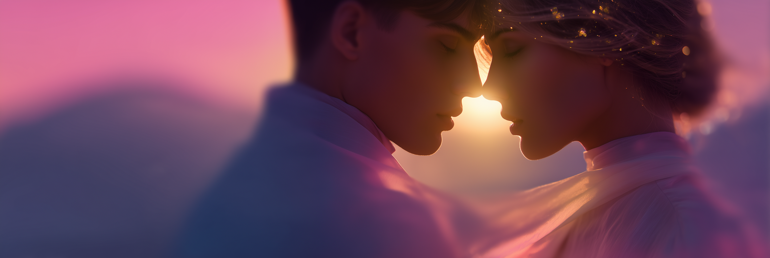 A close-up of a young couple gently touching foreheads with their eyes closed, illuminated by a warm sunset.