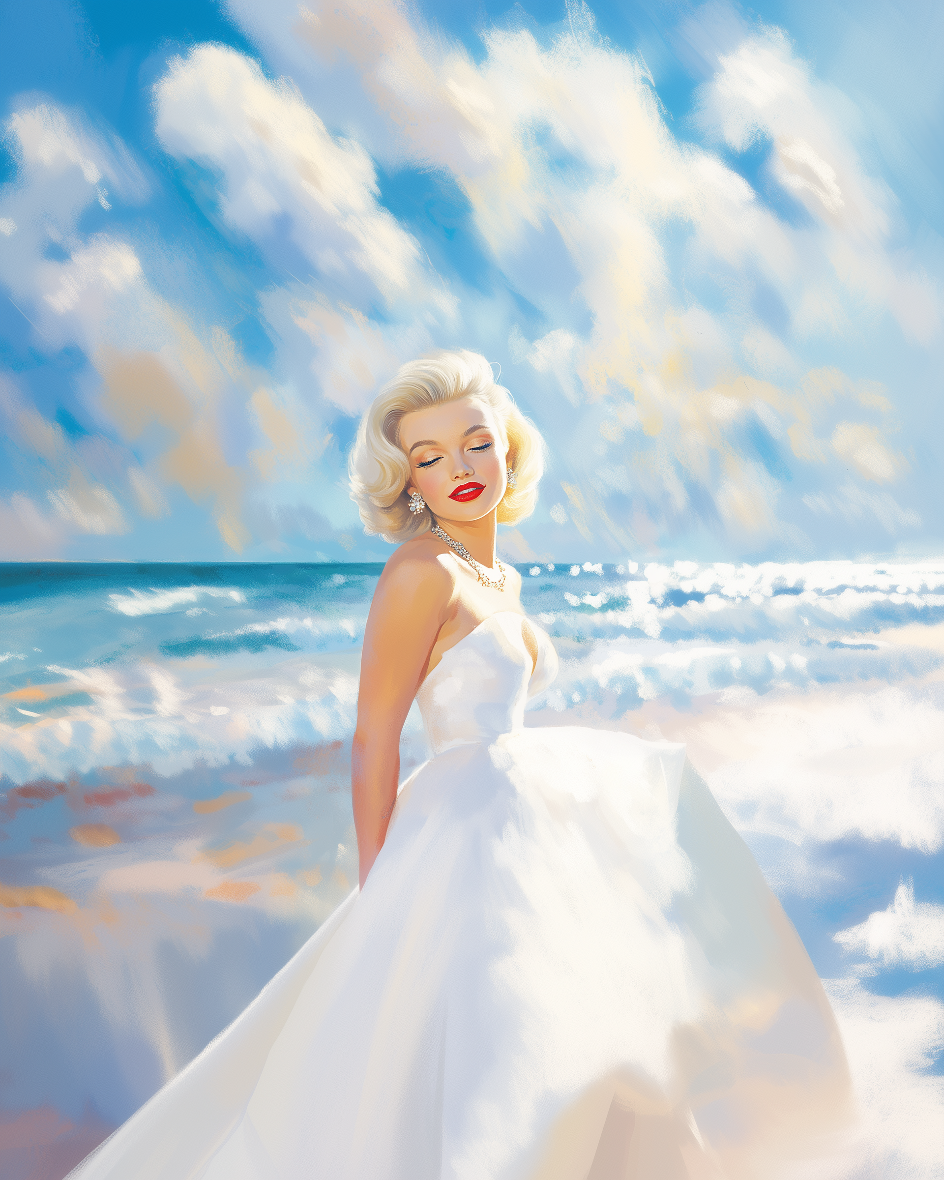 A woman in a white wedding dress with jewelry, standing on a beach with the ocean and sky with clouds behind her.
