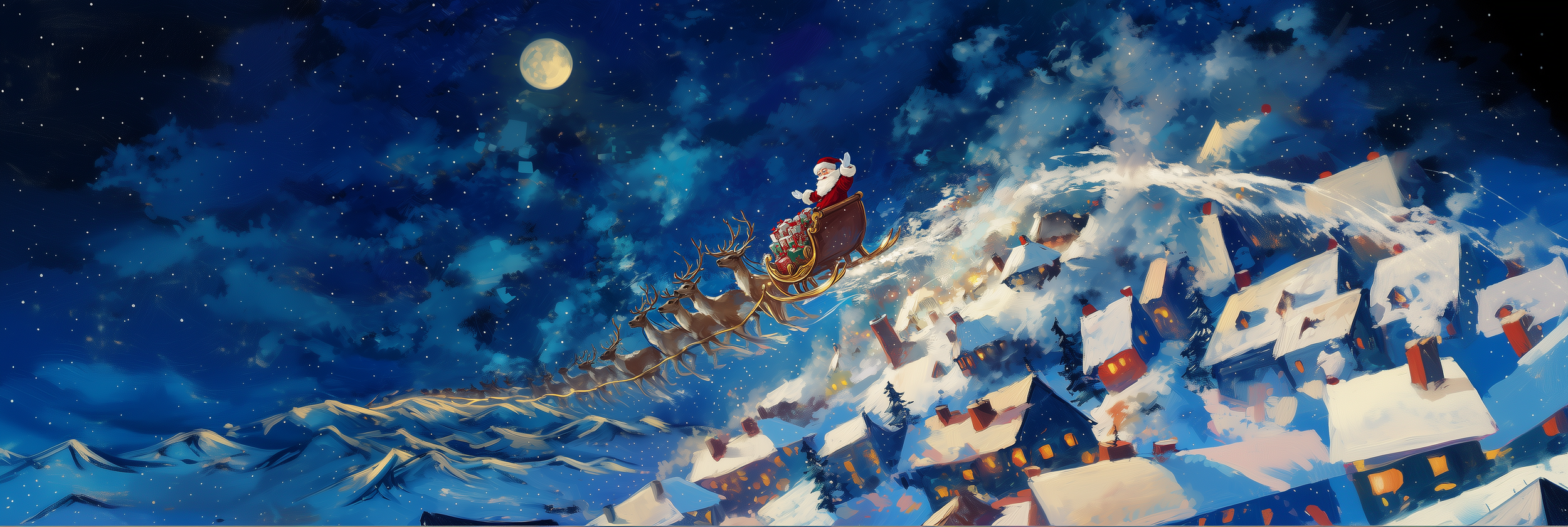 Santa Claus in a sleigh pulled by reindeer flying over a snow-covered village at night under a full moon.