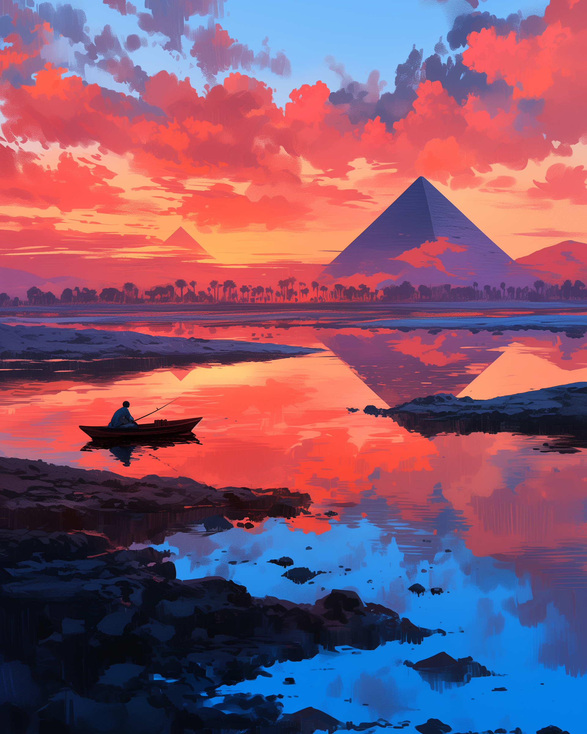 A digital painting of a serene sunset scene with the pyramids of Egypt in the background, reflecting on a calm river. A person is sitting in a small boat on the water, fishing as the sky is filled with colorful clouds in shades of pink, orange, and purple.