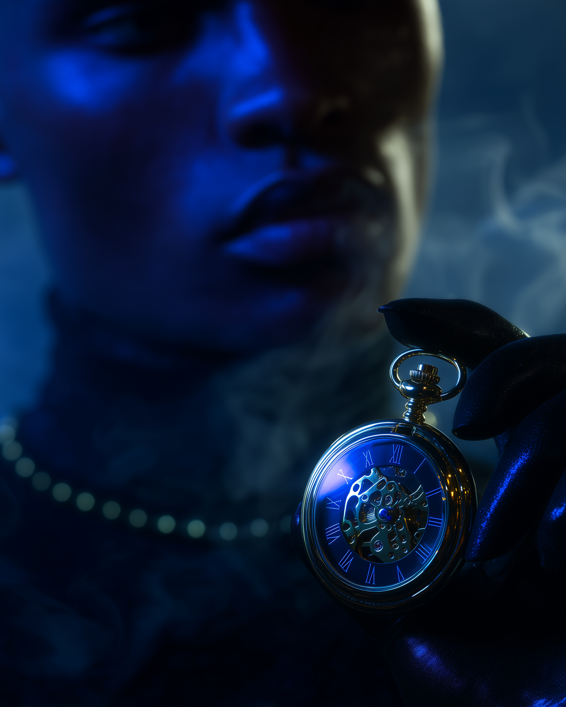 Person wearing dark gloves holding a glowing pocket watch with Roman numerals, with their face partially visible in the background.