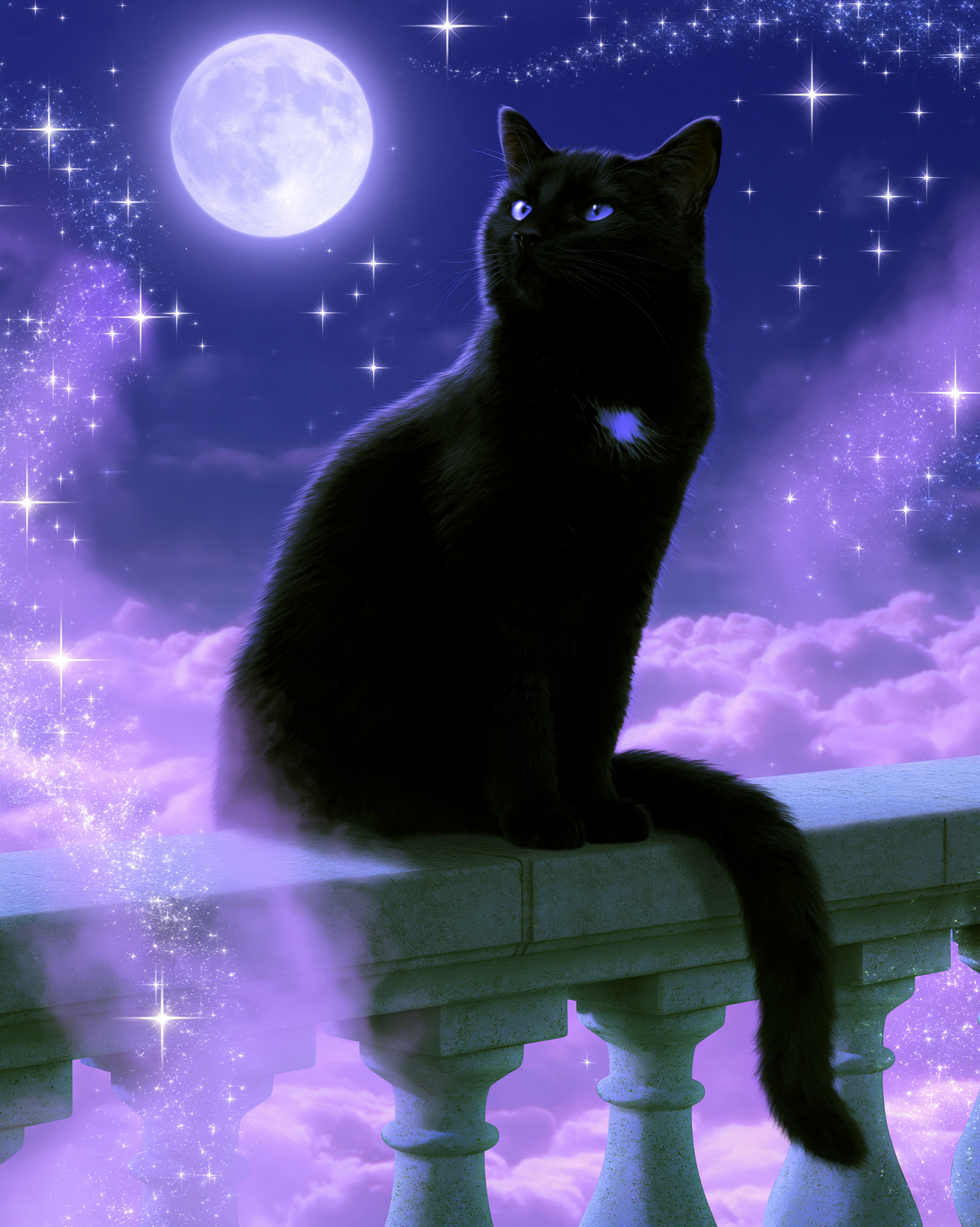 A black cat with blue eyes sitting on a white stone balcony overlooking a purple sky with a full moon and numerous stars.