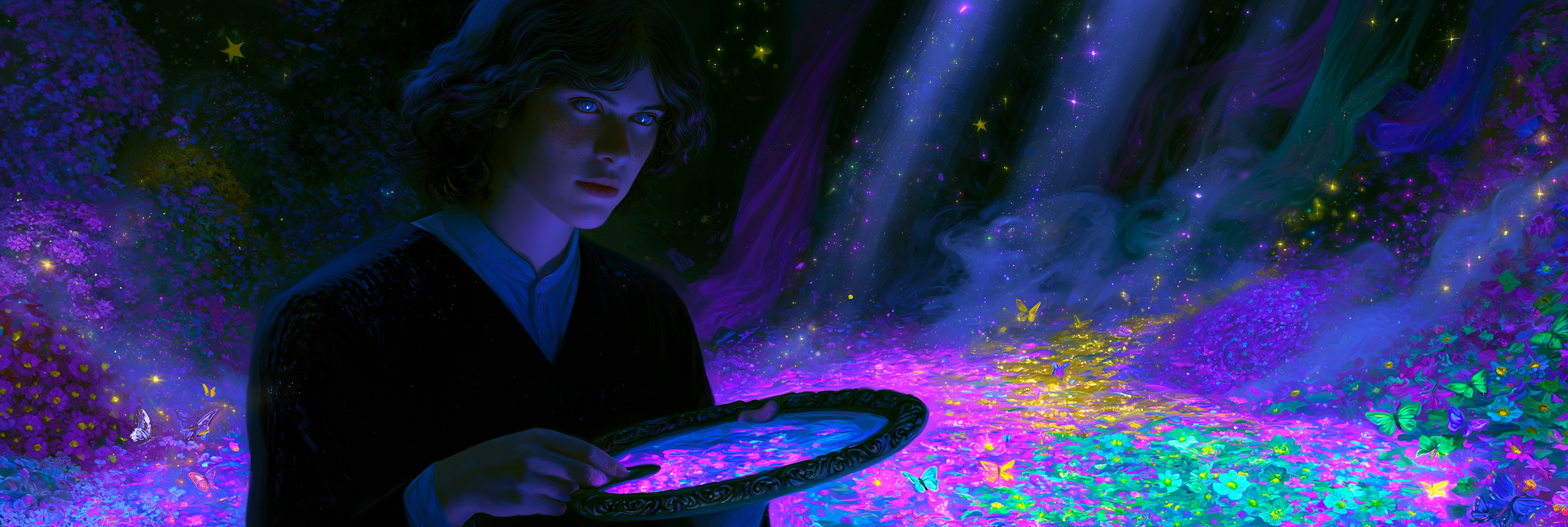 A young person with curly hair and freckles holding a tray with glowing liquid, surrounded by colorful glowing flowers, butterflies, and a starry, magical background.