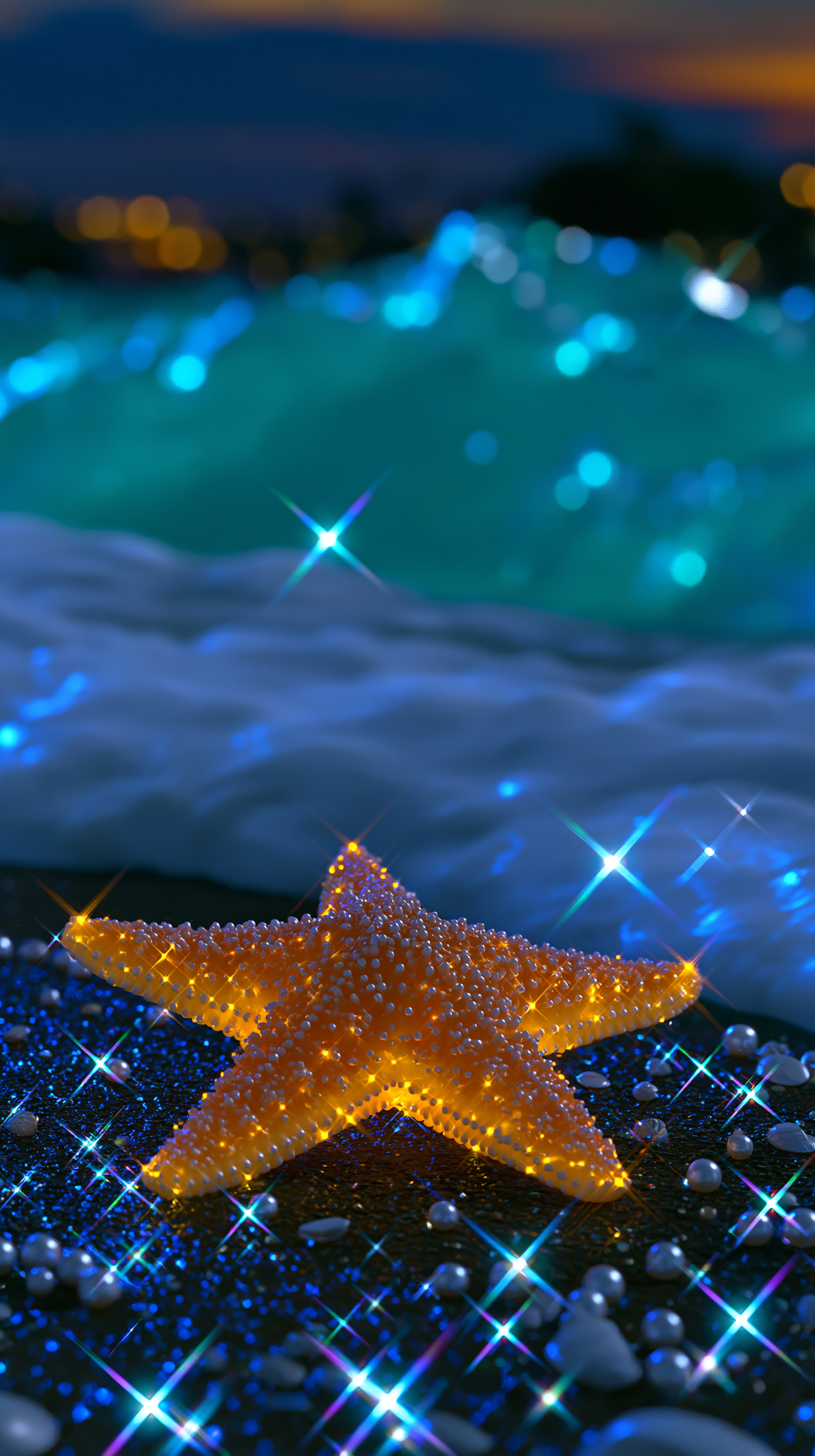 A starfish on a beach with a starry effect, surrounded by shells and small pebbles, under a colorful sky at sunset.