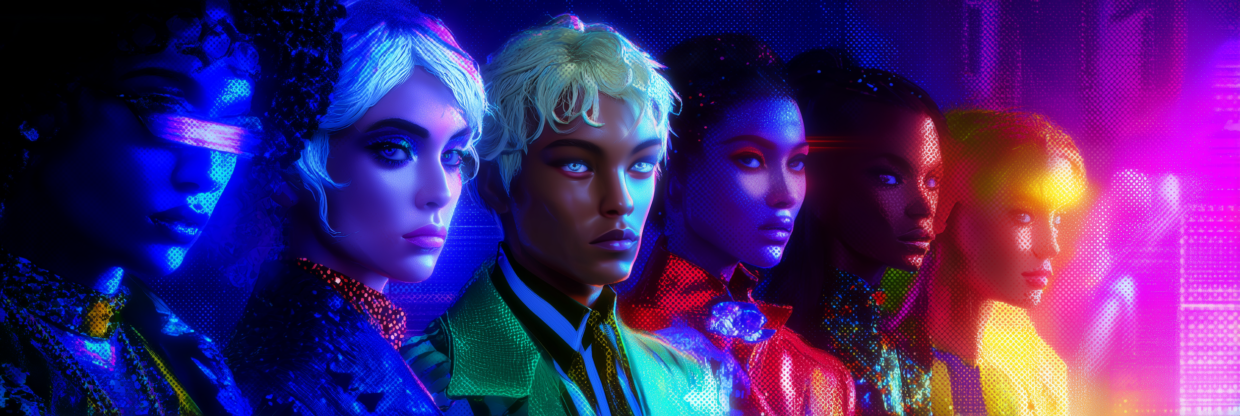 A vibrant, futuristic digital artwork featuring five women with high-tech, colorful fashion and makeup, illuminated by neon lights in shades of blue, pink, purple, and yellow.